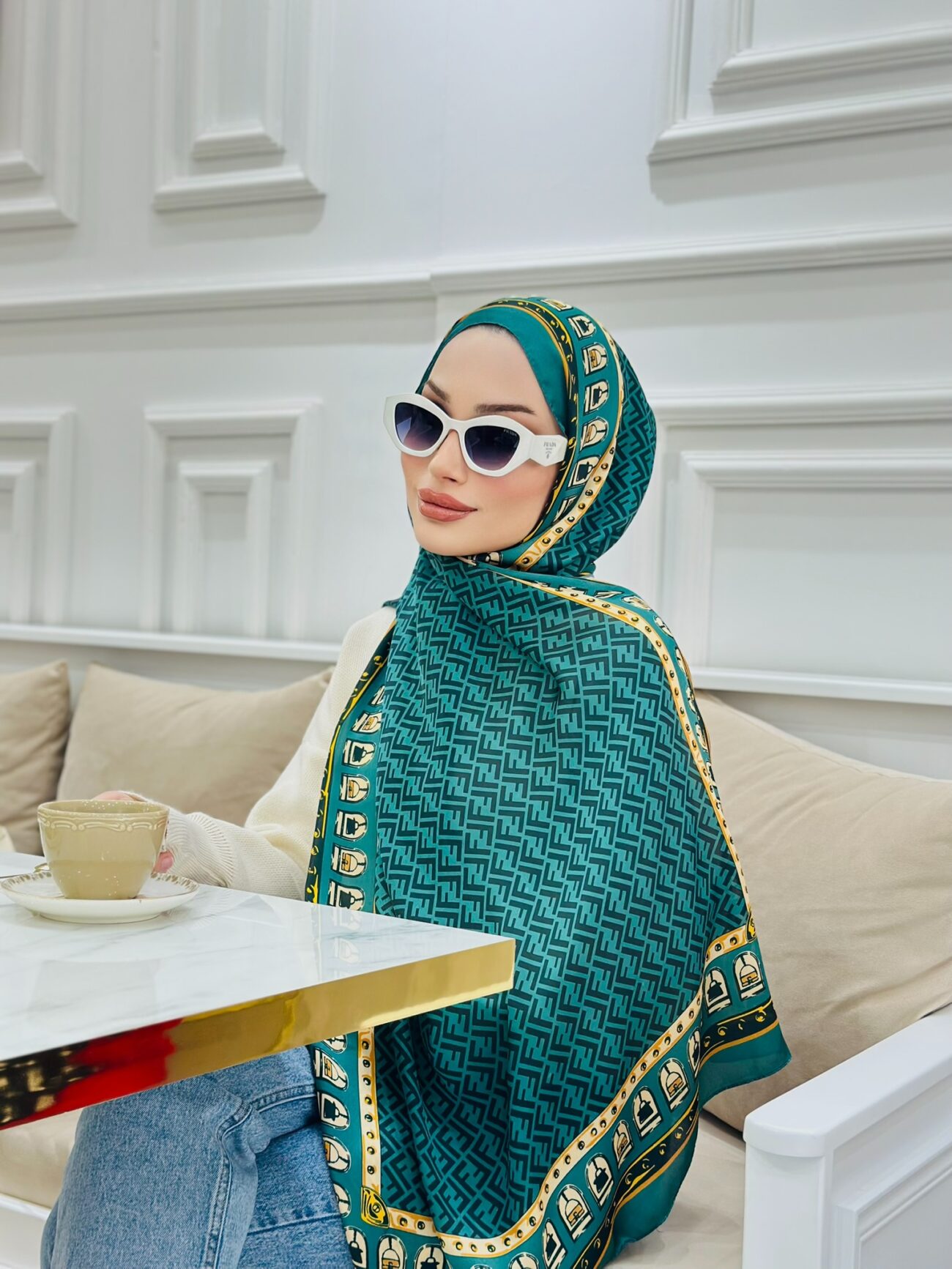 Fendi Çift Taraflı Vual İpek Şal 11143 - Zümrüt