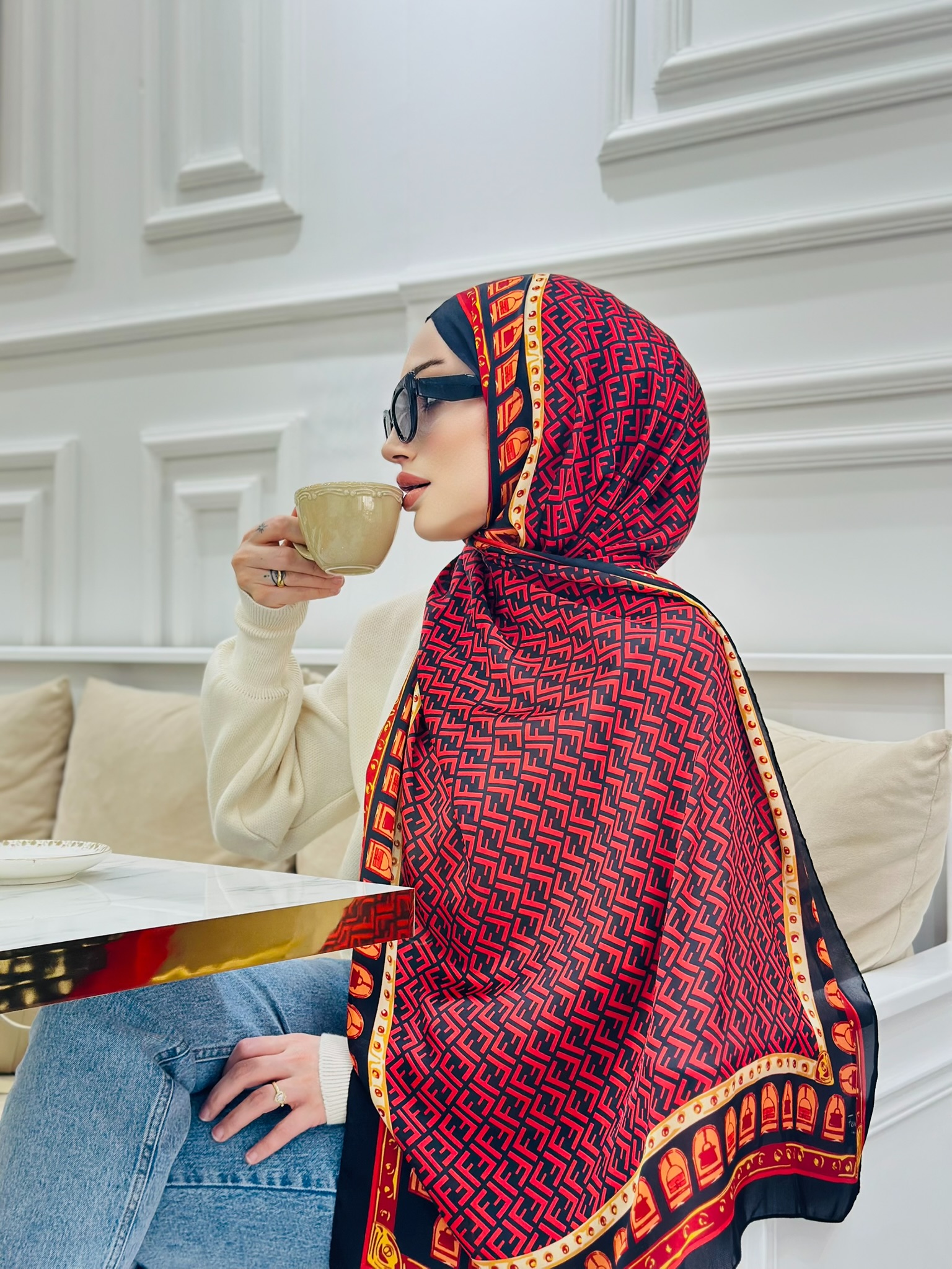 Fendi Çift Taraflı Vual İpek Şal 11143 - Bordo-Siyah