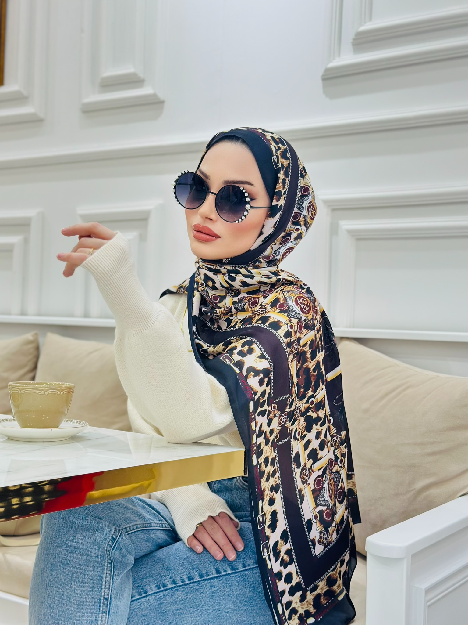 Hermes Leopar Çift Taradlı Vual İpek Şal 11143 - bordo - Görsel 2