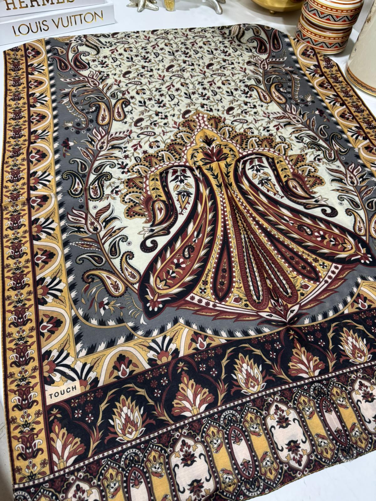 etnik hint deseni pamuk ipek şal -313131   açık sarı/gri - Görsel 4