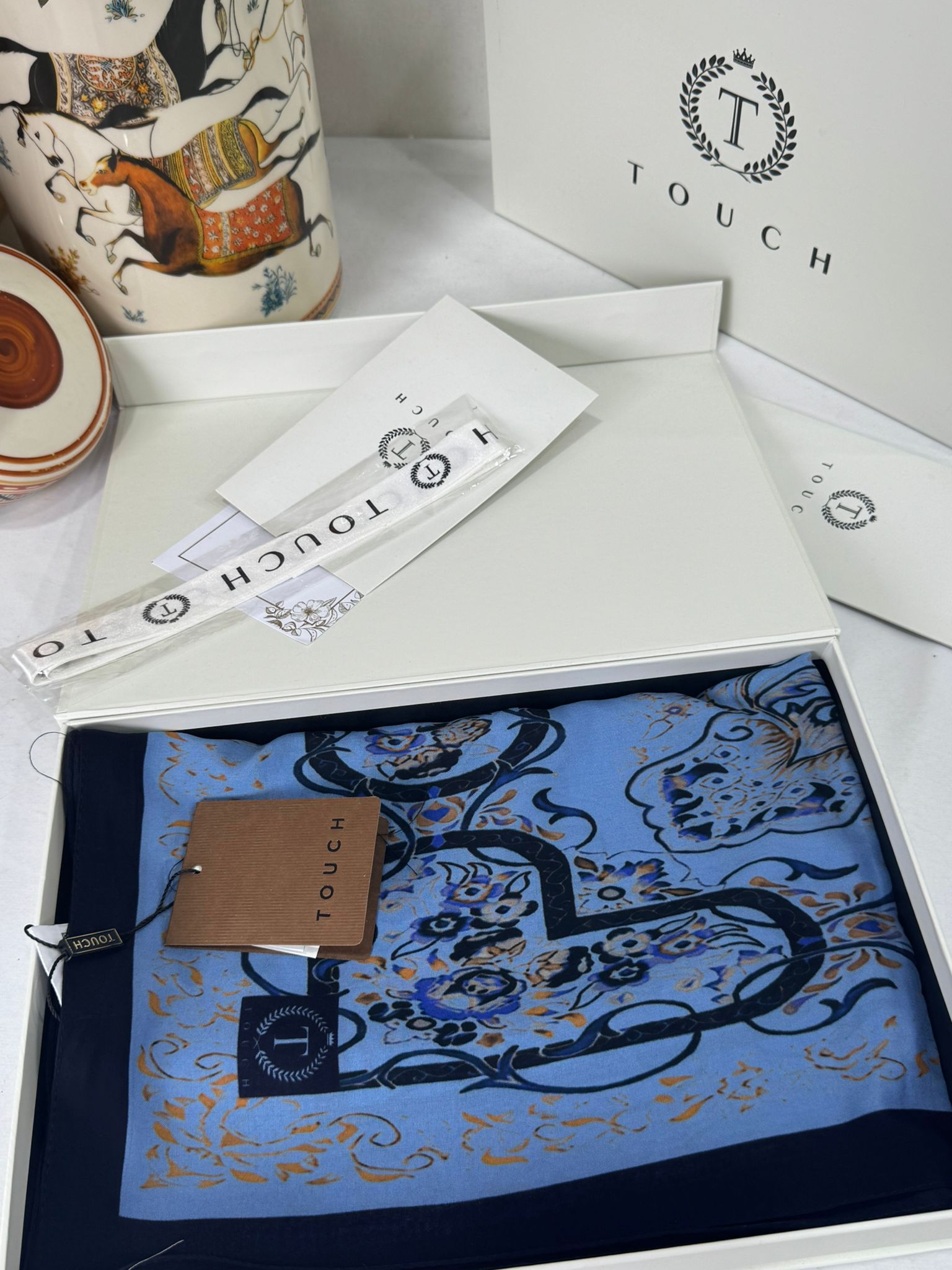 Touch İthal Etnik Desen Pamuk İpek Şal- 99990 - Açık Mavi siyah