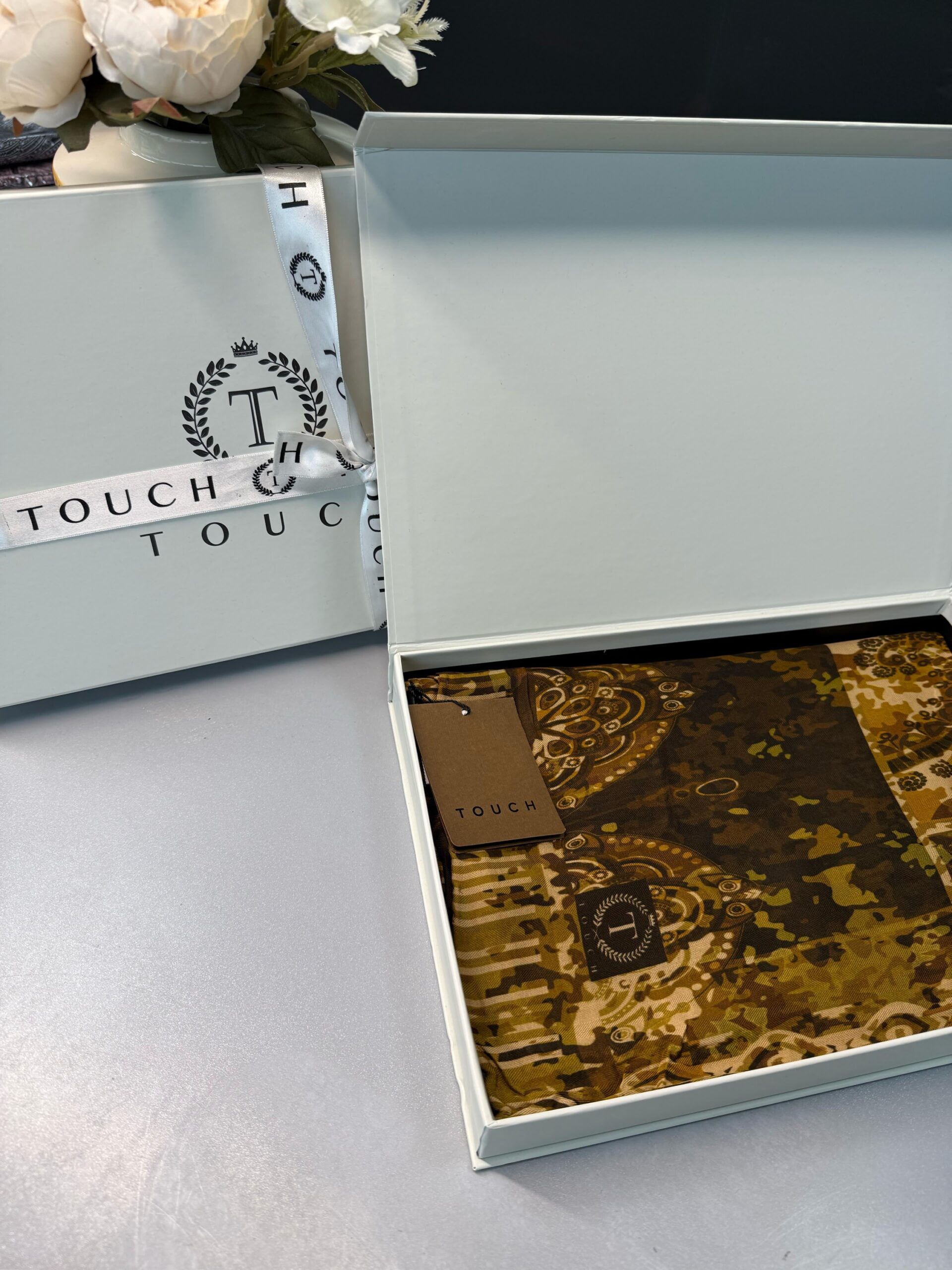 Touch İthal Etnik Desen Yün İpek Şal-  34550 - Kahve - Görsel 2