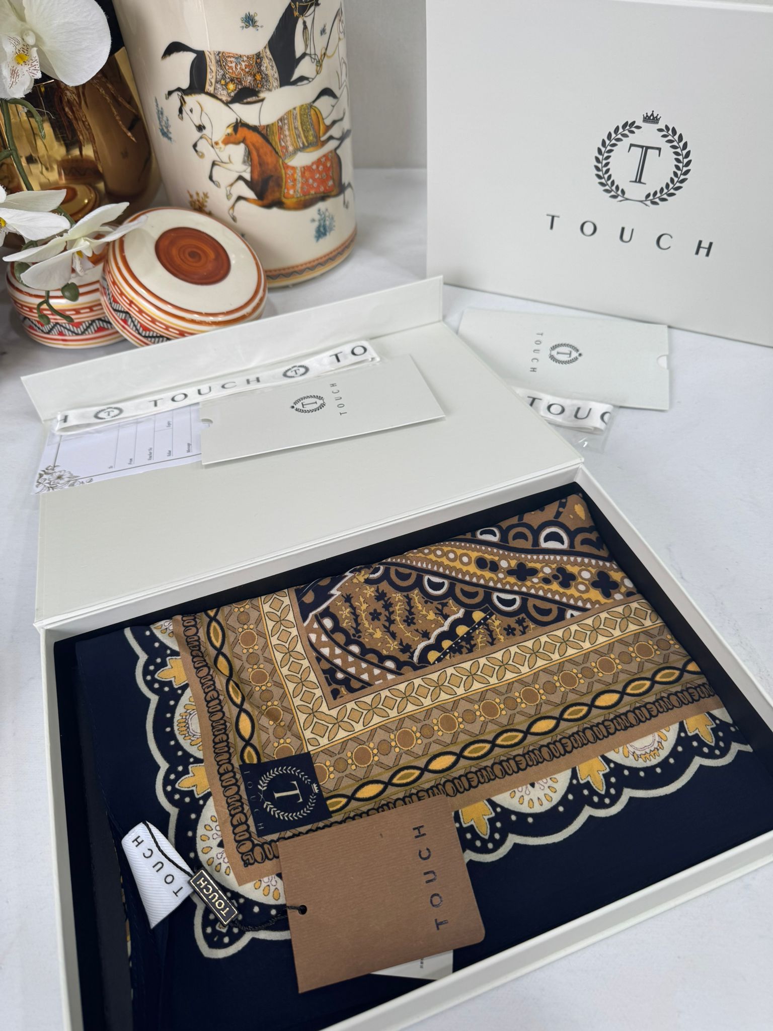 Touch İthal Etnik Desen Pamuk İpek Şal 63460- Lacivert