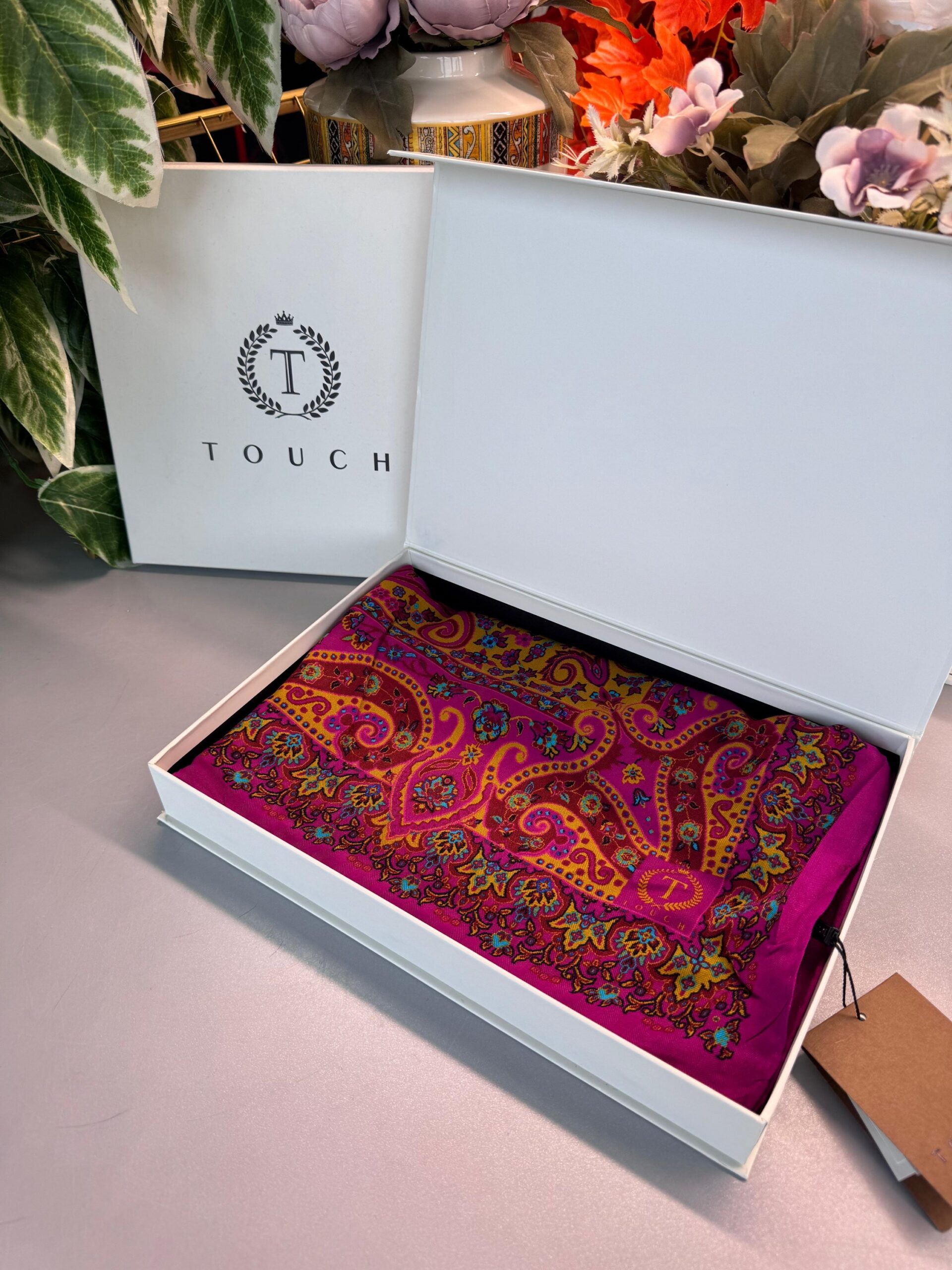 Touch İthal Etnik Desen Yün İpek Şal 34330 - Gold Pembe