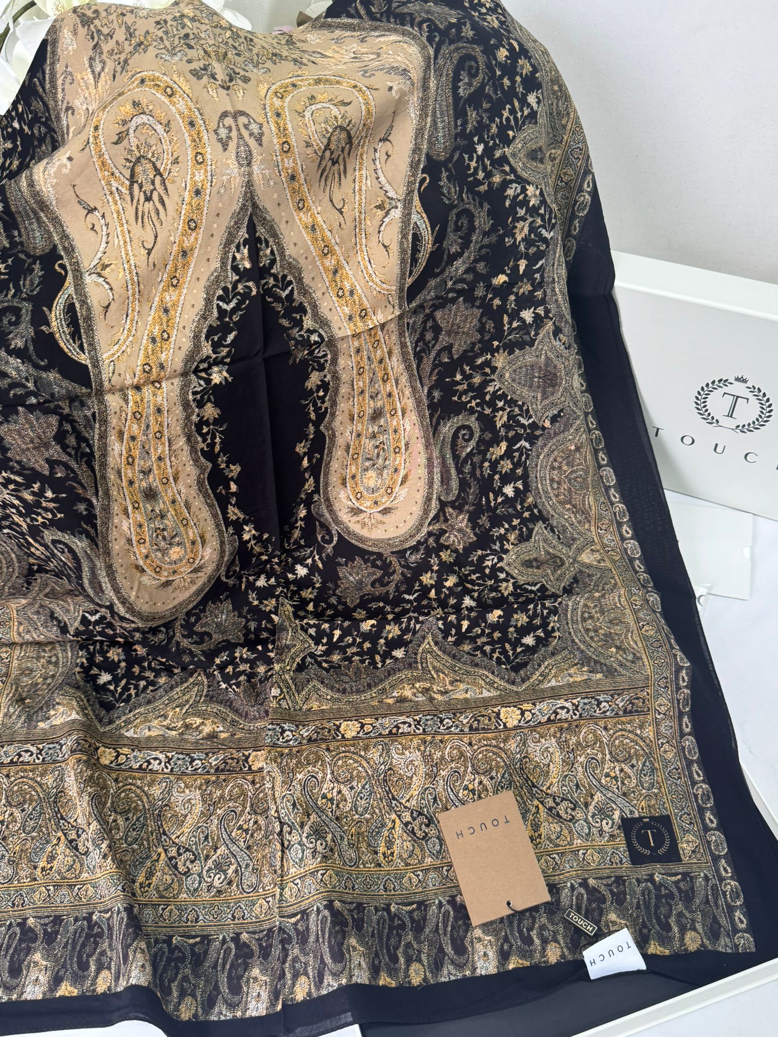 Touch İthal Etnik Desen Pamuk İpek Şal -35330 - Siyah Vizon - Görsel 2