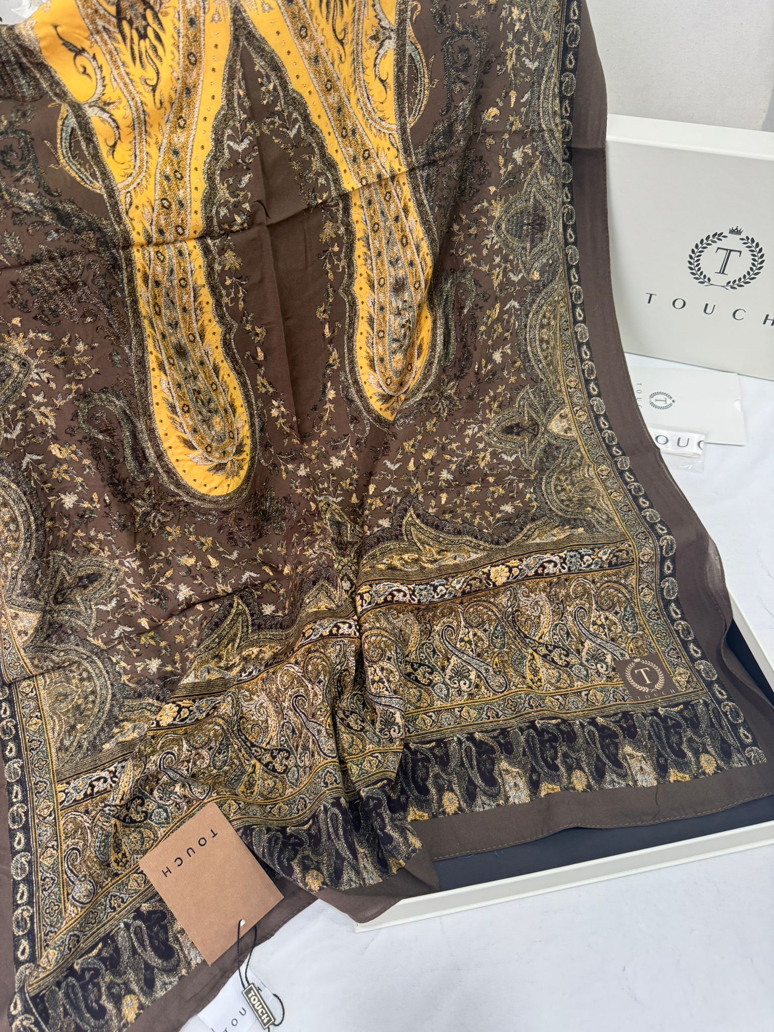 Touch İthal Etnik Desen Pamuk İpek Şal -35330 - Kahve - Görsel 2