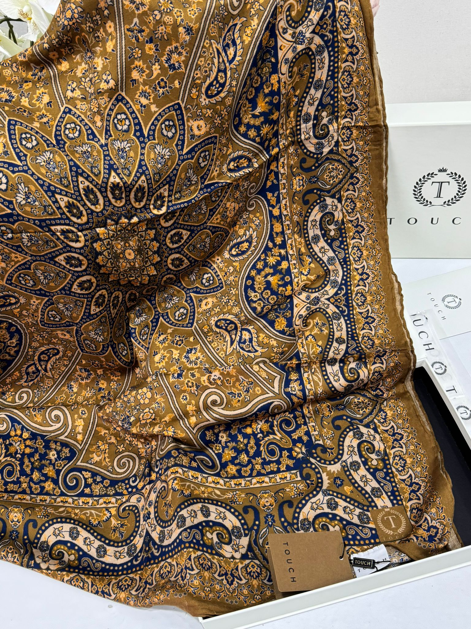 Touch İthal Etnik Desen Yün İpek Şal 34330 - Kahve Mavi - Görsel 2