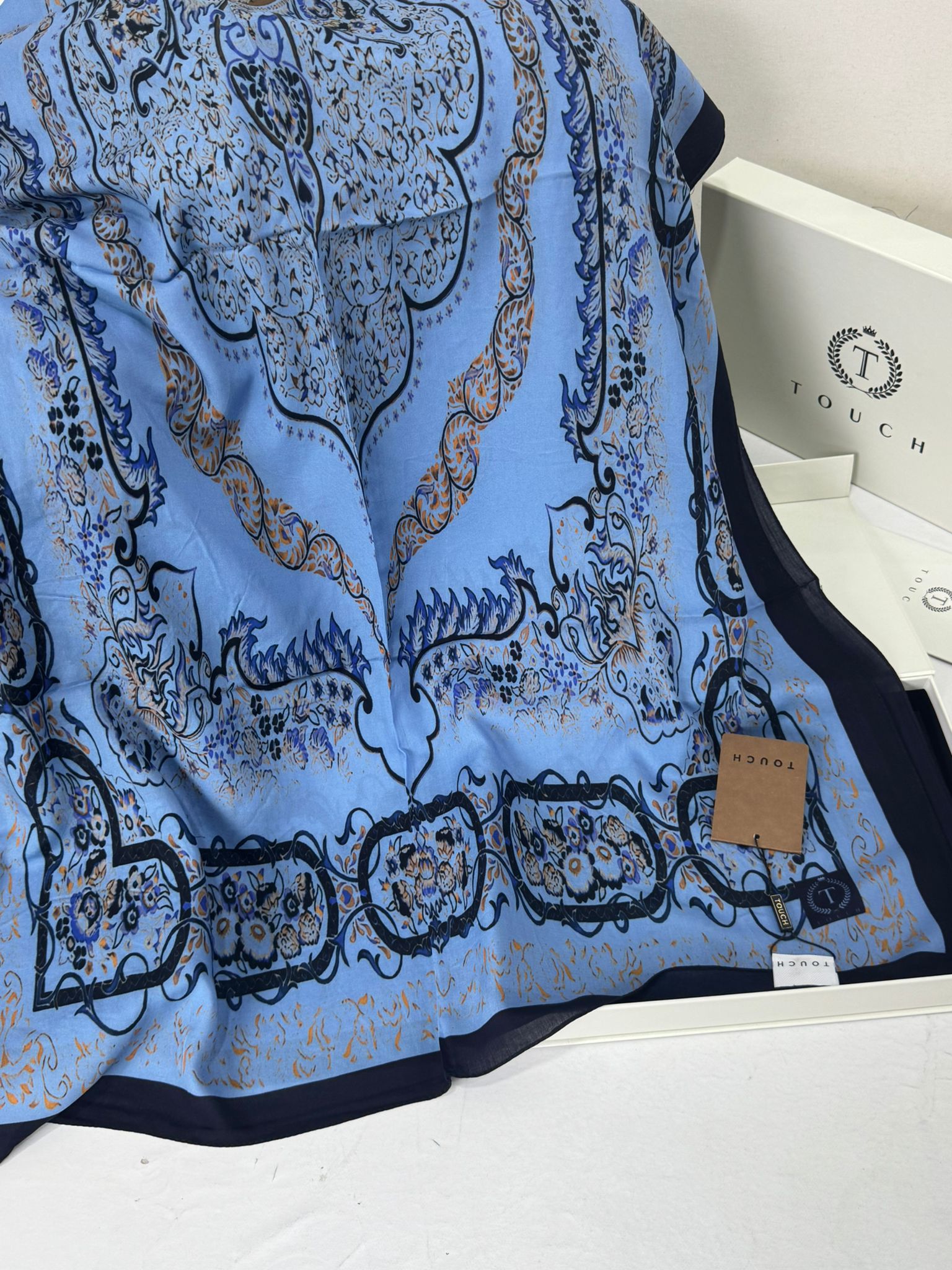 Touch İthal Etnik Desen Pamuk İpek Şal- 99990 - Açık Mavi siyah - Görsel 2