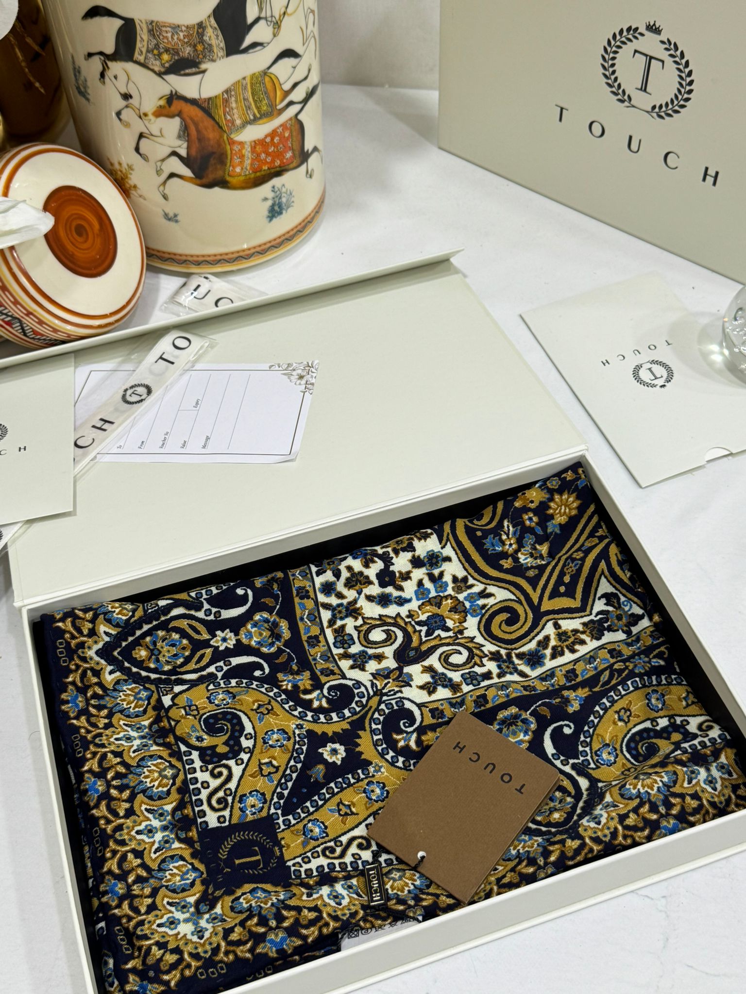 Touch İthal Etnik Desen Yün İpek Şal-  34550 - Lacivert vizon