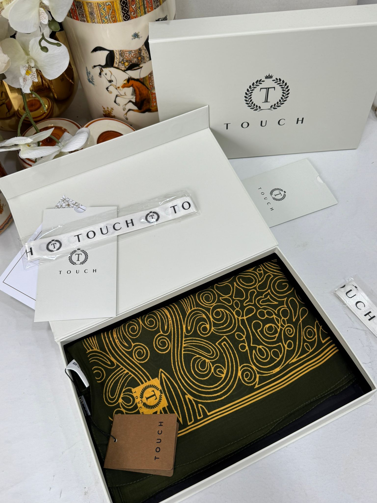 Touch İthal Etnik Desen Pamuk İpek Şal 63459- Koyu Yeşil