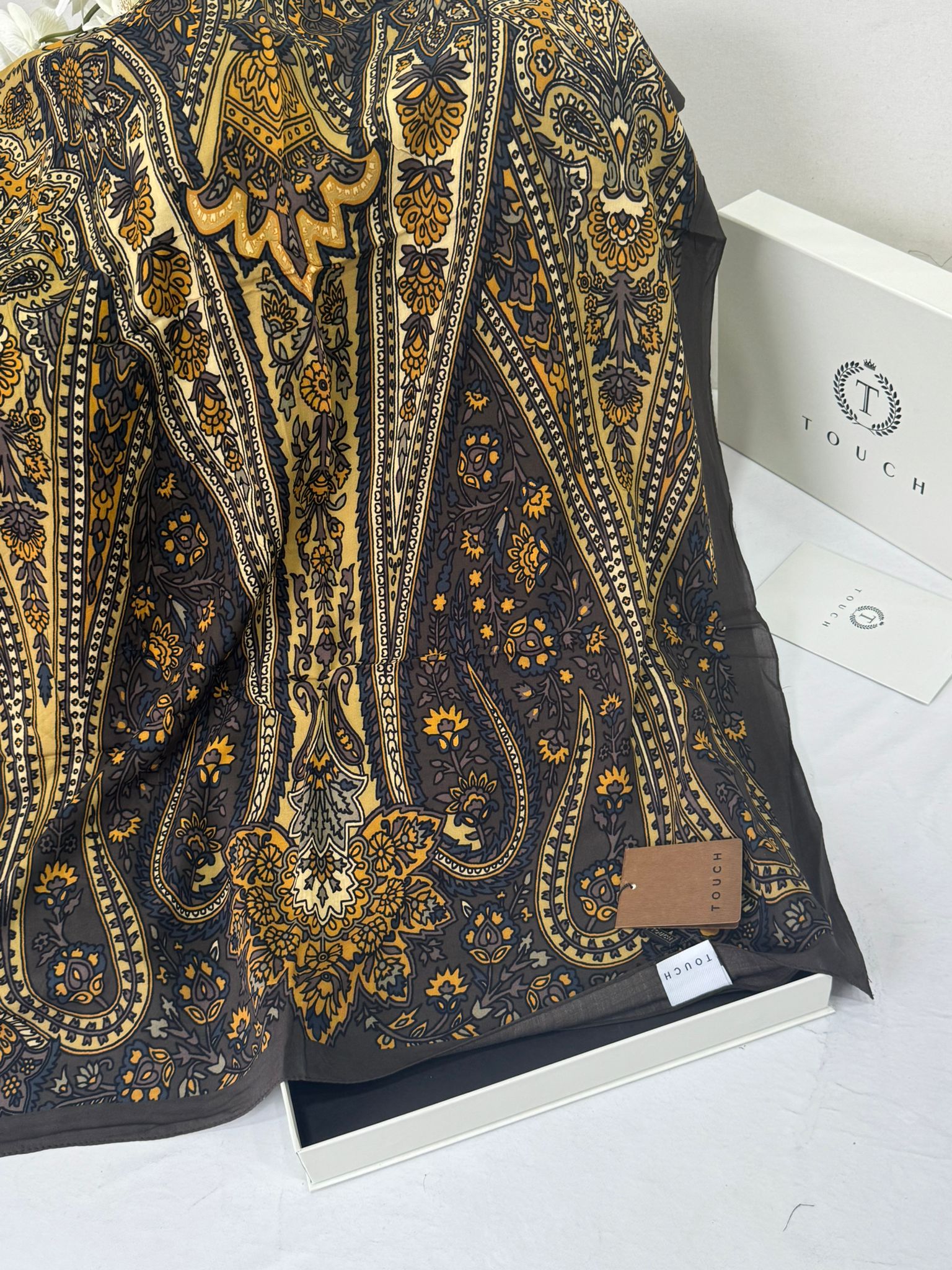 Touch İthal Etnik Desen Pamuk İpek Şal- 99880 - Kahve - Görsel 2