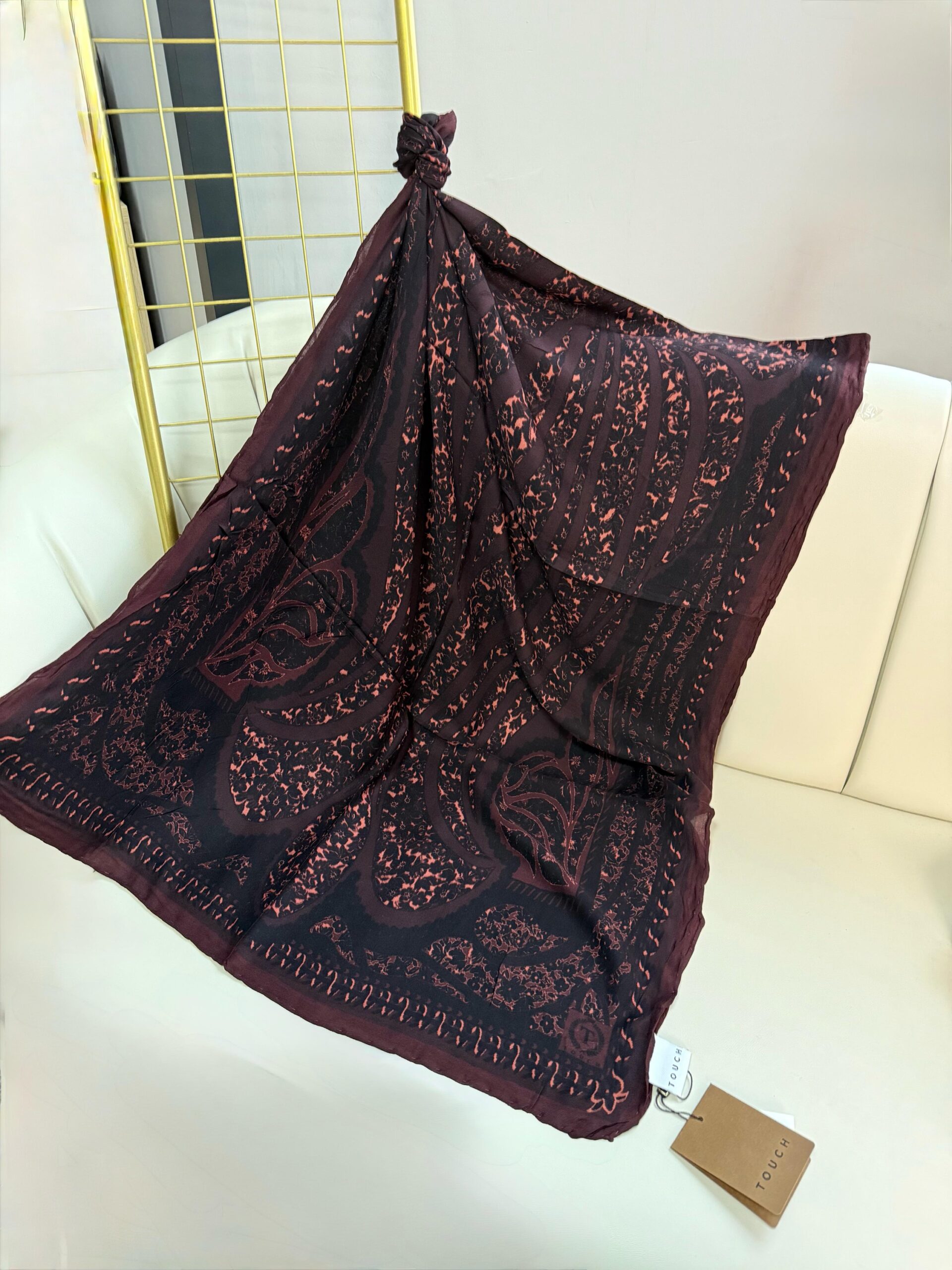 Touch İthal Etnik Desen Yün İpek Şal- 34660 - Bordo