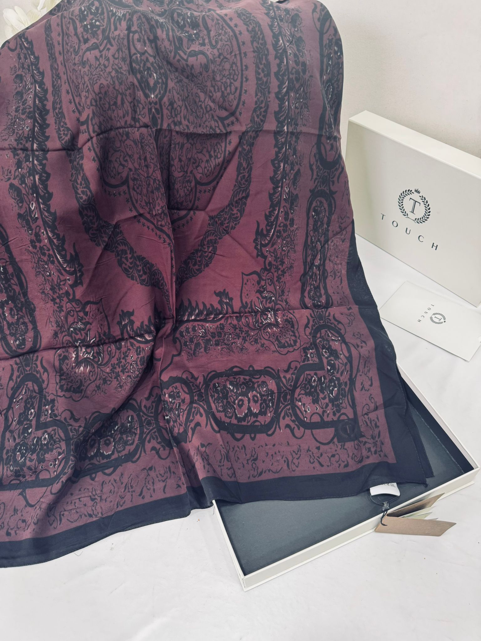 Touch İthal Etnik Desen Pamuk İpek Şal- 99990 - Bordo Siyah - Görsel 2