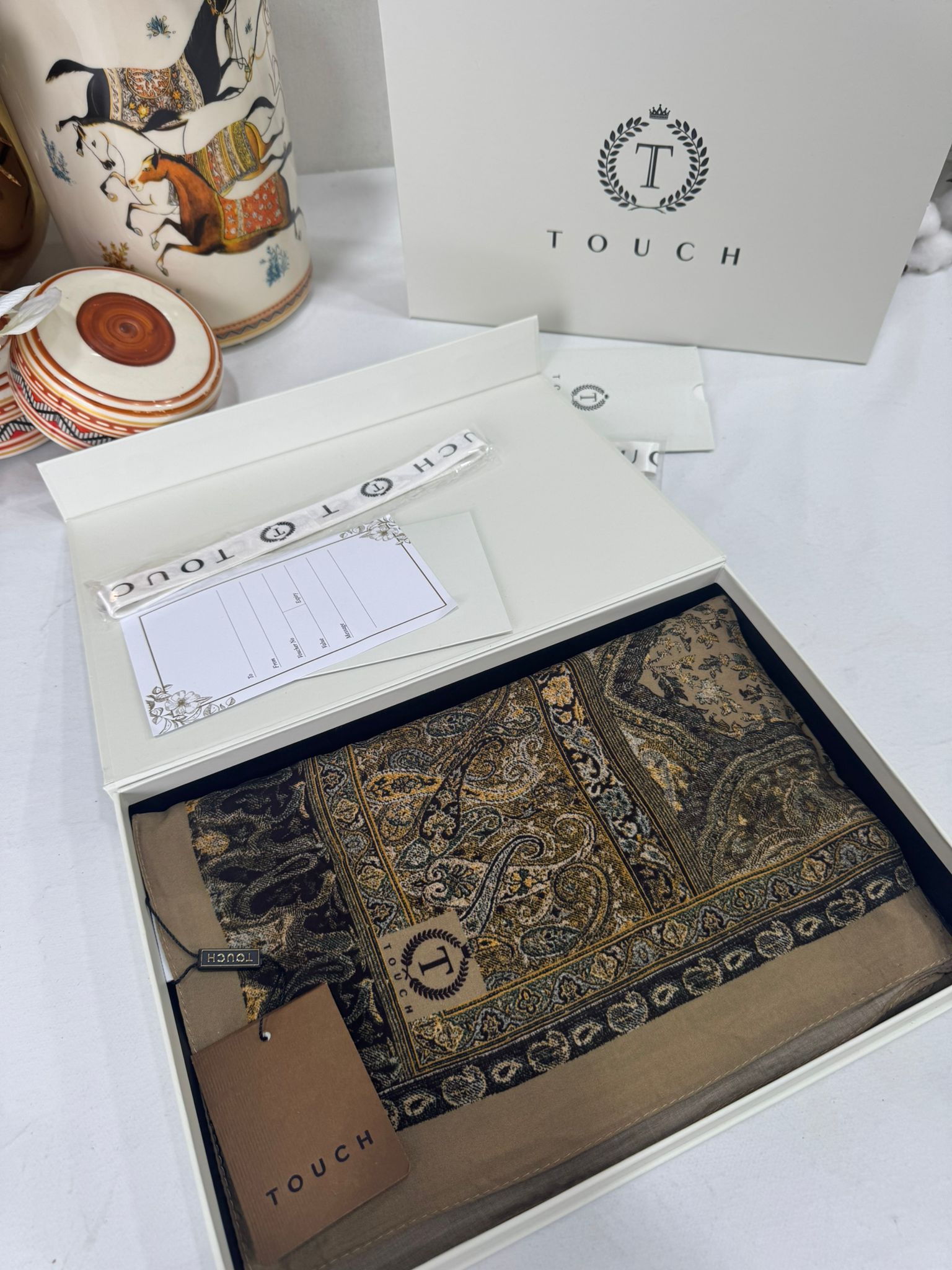 Touch İthal Etnik Desen Pamuk İpek Şal -35330 - Vizon