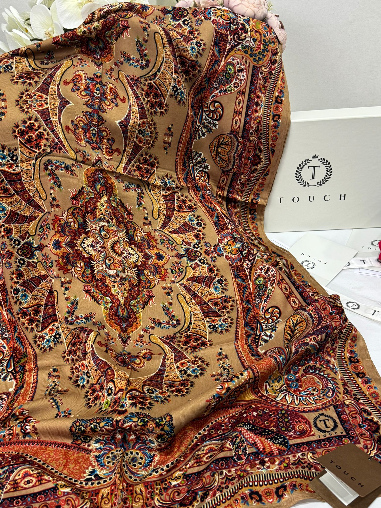 Touch İthal Etnik Desen Yün İpek Şal 34220 - Latte Bordo - Görsel 2