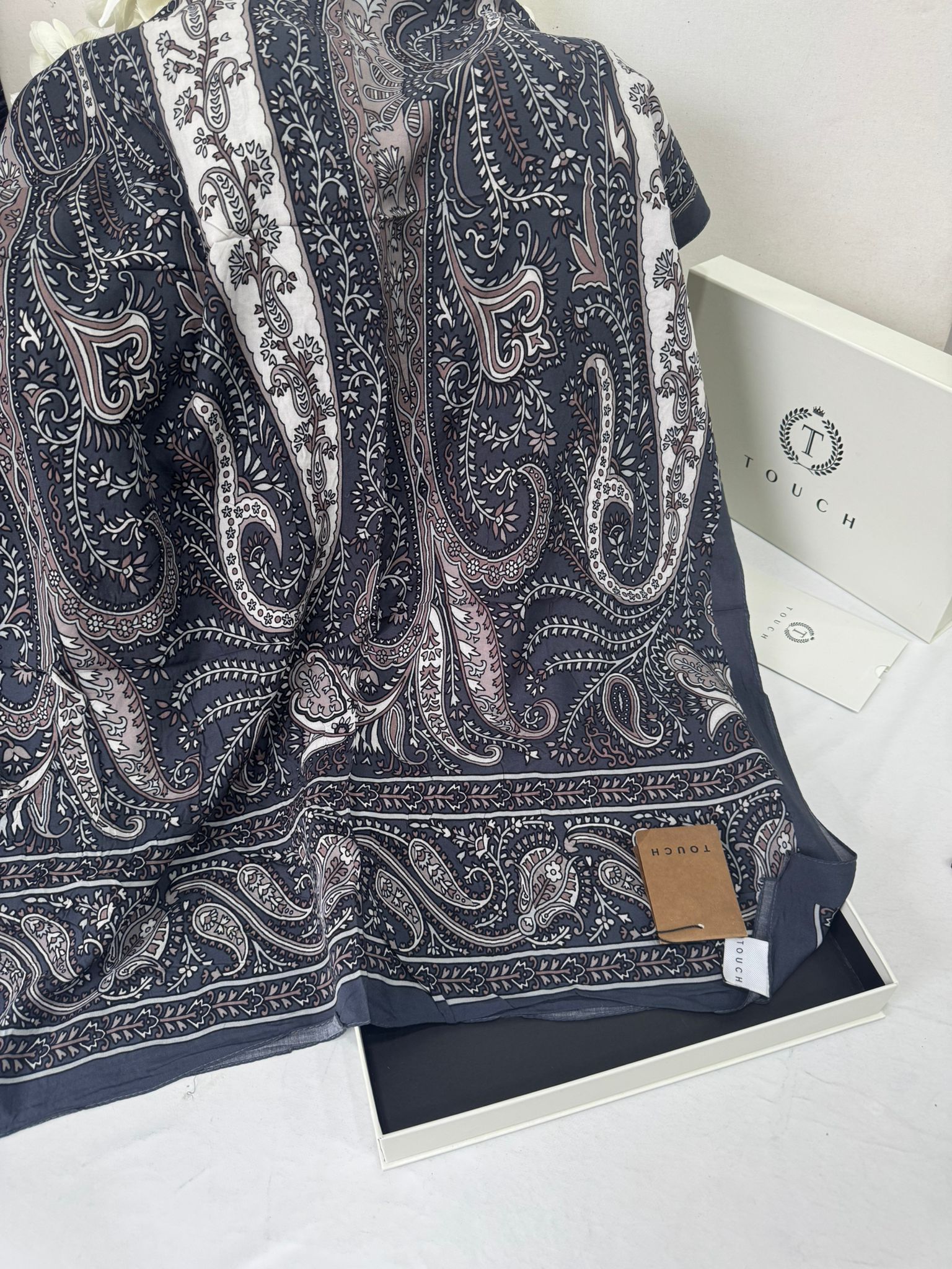 Touch İthal Etnik Desen Pamuk İpek Şal- 99770 -  Antrasit - Görsel 2