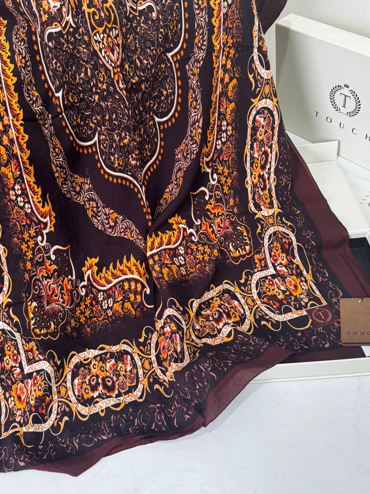 Touch İthal Etnik Desen Pamuk İpek Şal- 99990 - Acı Kahve - Görsel 2