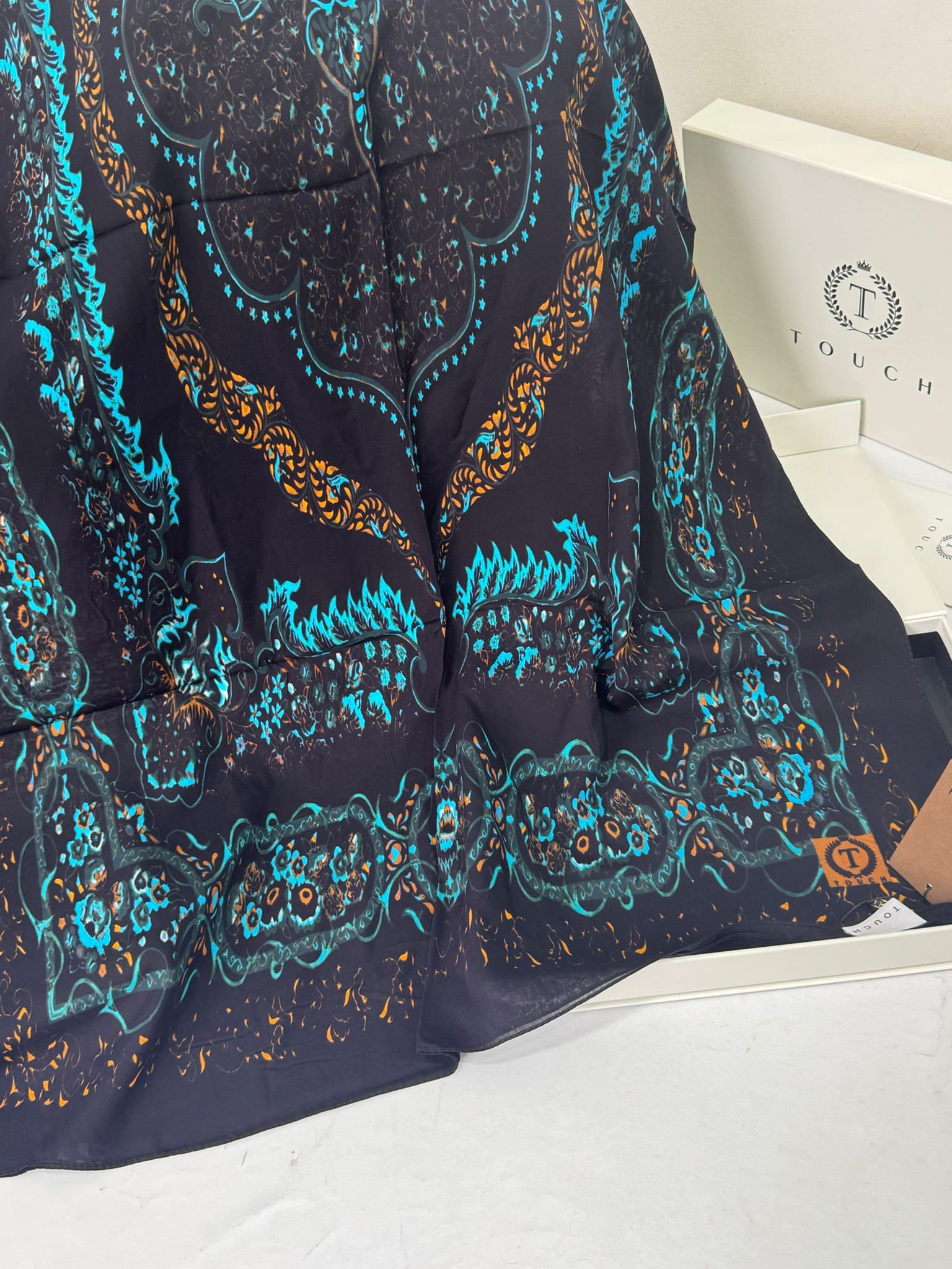 Touch İthal Etnik Desen Pamuk İpek Şal- 99990 - Siyah Turkuaz - Görsel 2