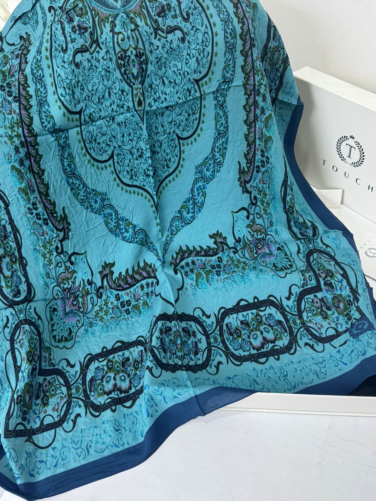 Touch İthal Etnik Desen Pamuk İpek Şal- 99990 - Bebe Mavisi - Görsel 2