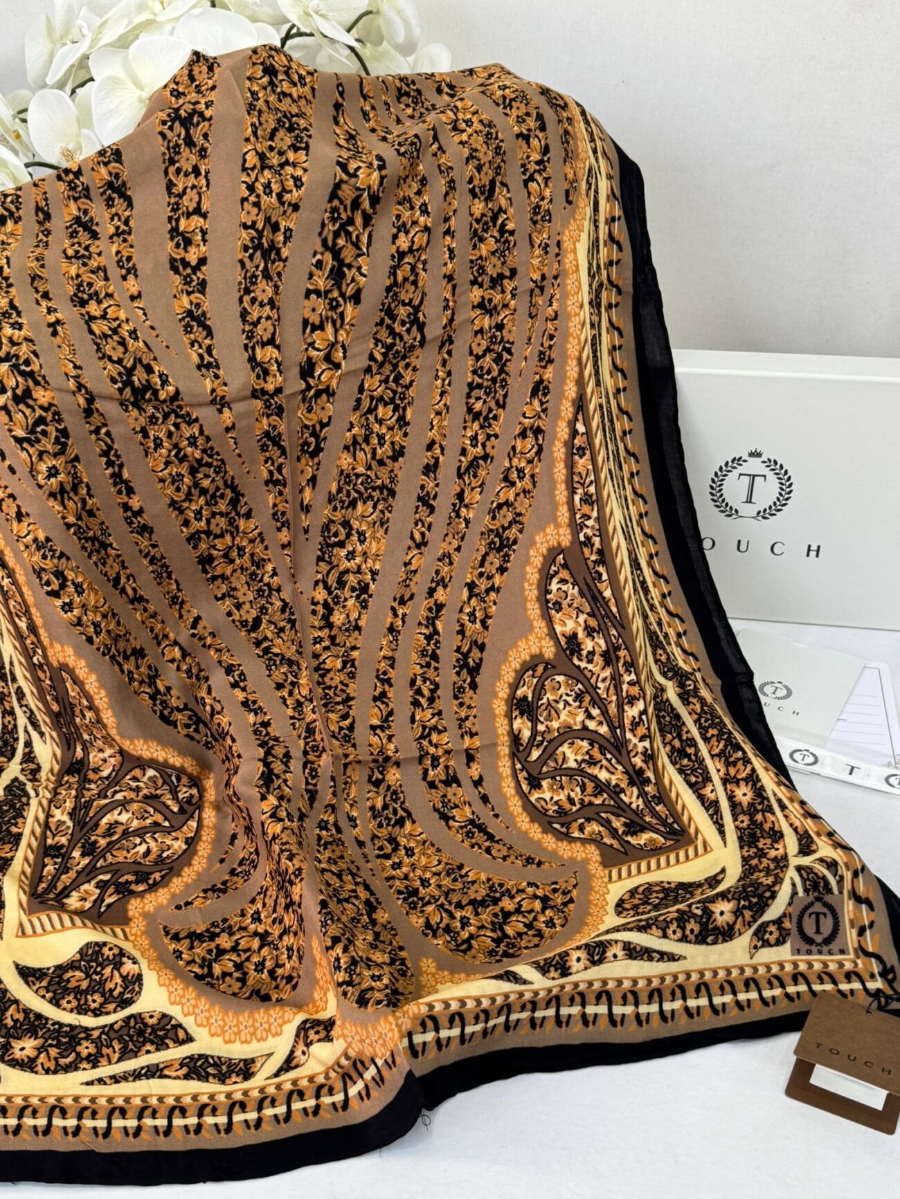 Touch İthal Etnik Desen Yün İpek Şal- 34660 - Siyah-kahve - Görsel 2