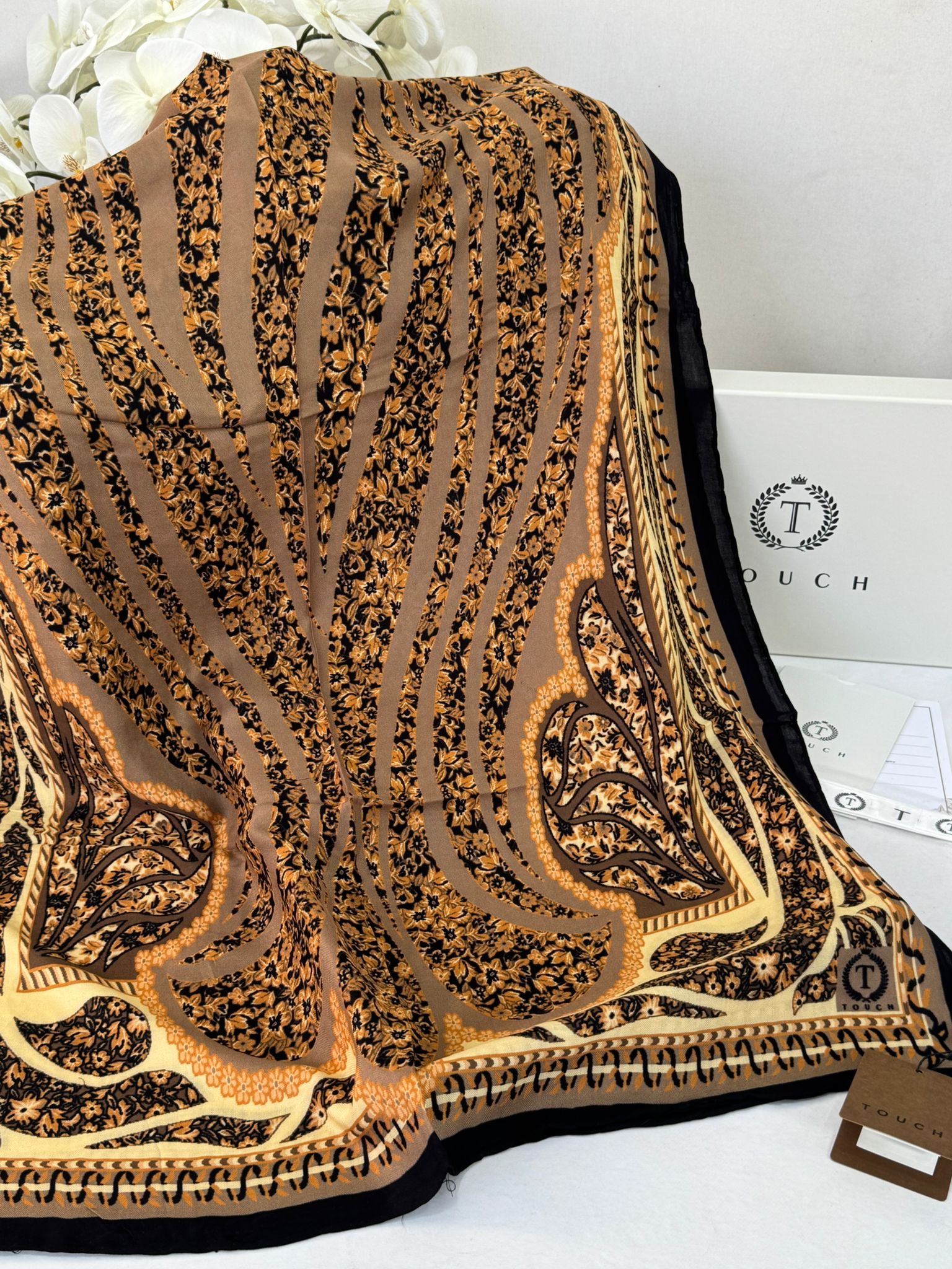 Touch İthal Etnik Desen Yün İpek Şal- 34660 - Siyah-kahve - Görsel 2
