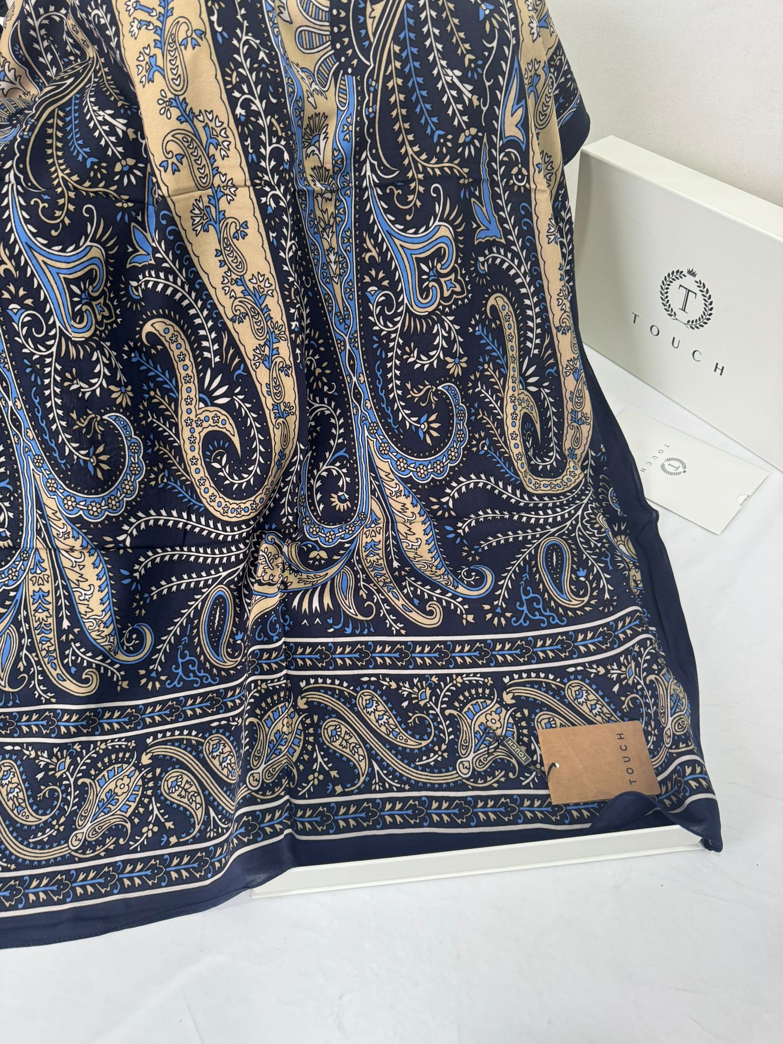 Touch İthal Etnik Desen Pamuk İpek Şal- 99770 -  Lacivert - Görsel 2