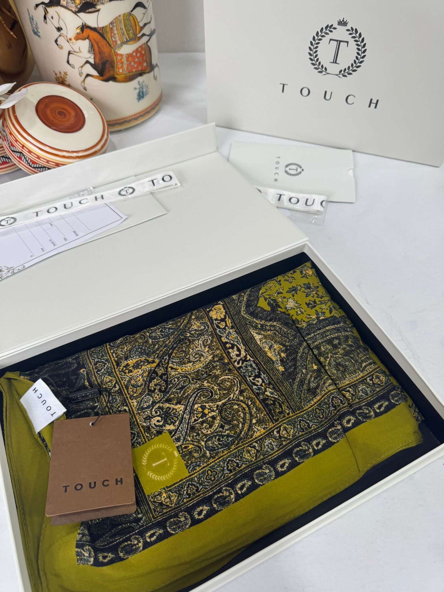 Touch İthal Etnik Desen Pamuk İpek Şal -35330 - Fiskal Yeşil