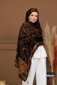 Touch İthal Etnik Desen Yün İpek Şal-  34550 - Altın Kahve