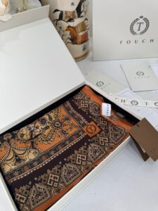Touch İthal Etnik Desen Yün İpek Şal-34770 -Turuncu kahve