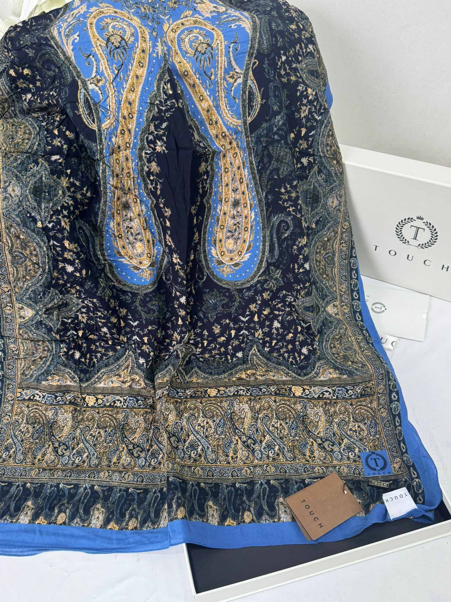 Touch İthal Etnik Desen Pamuk İpek Şal -35330 - Gece Mavisi - Görsel 2