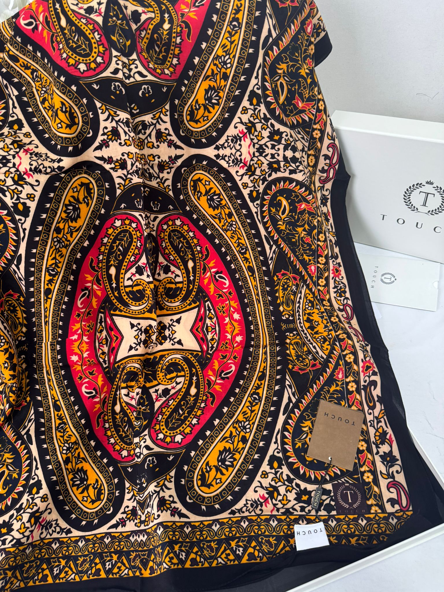 Touch İthal Etnik Desen Pamuk İpek Şal- 35440 - Siyah  Pudra - Görsel 2