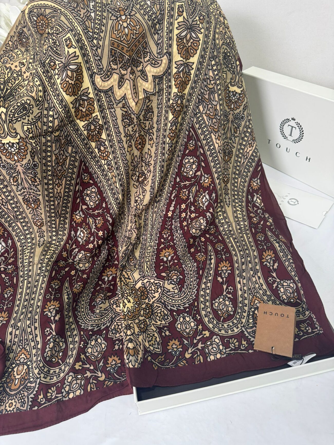 Touch İthal Etnik Desen Pamuk İpek Şal- 99880 - Acı Kahve - Görsel 2