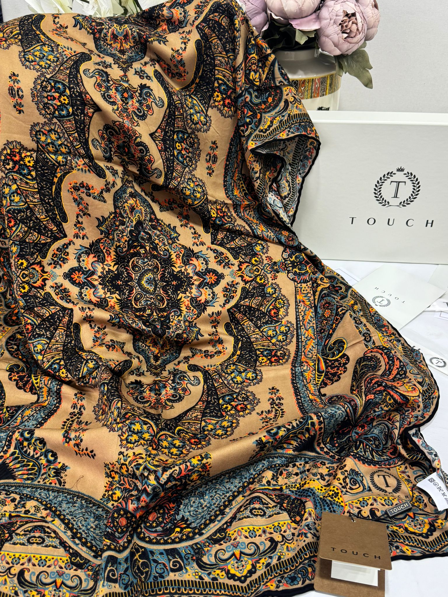 Touch İthal Etnik Desen Yün İpek Şal 34220 - Latte mavi - Görsel 2