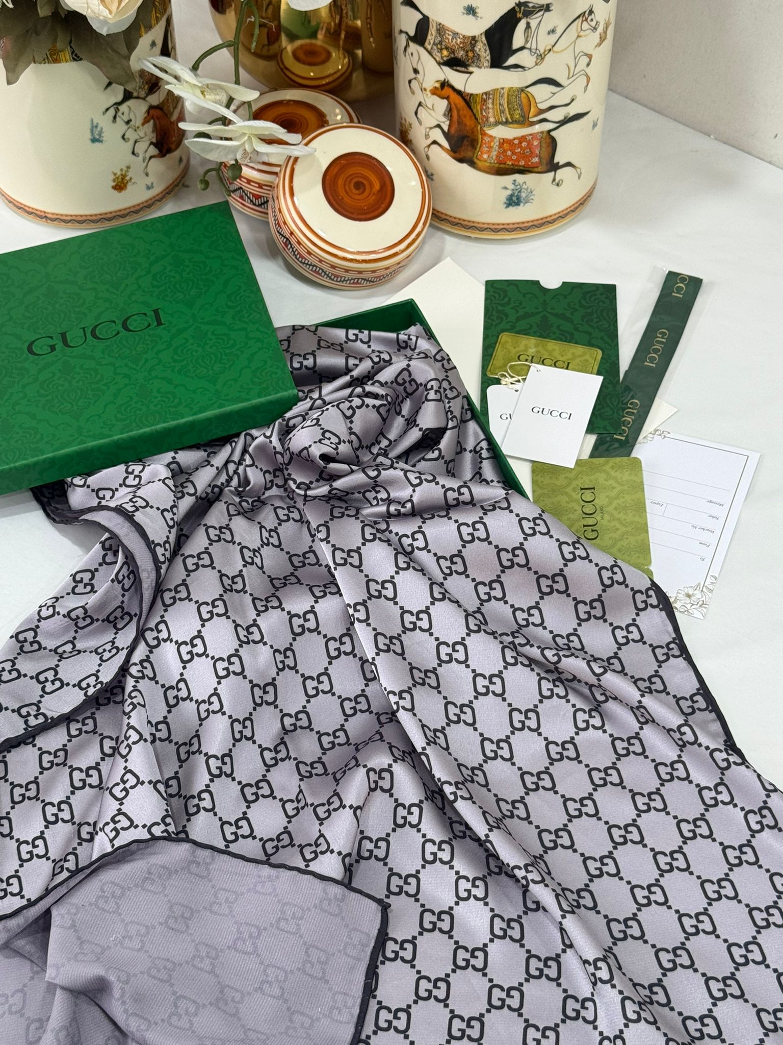 İthal Çifttaraflı Gucci İnci Vual İpek Şal-50140-Gri - Görsel 10