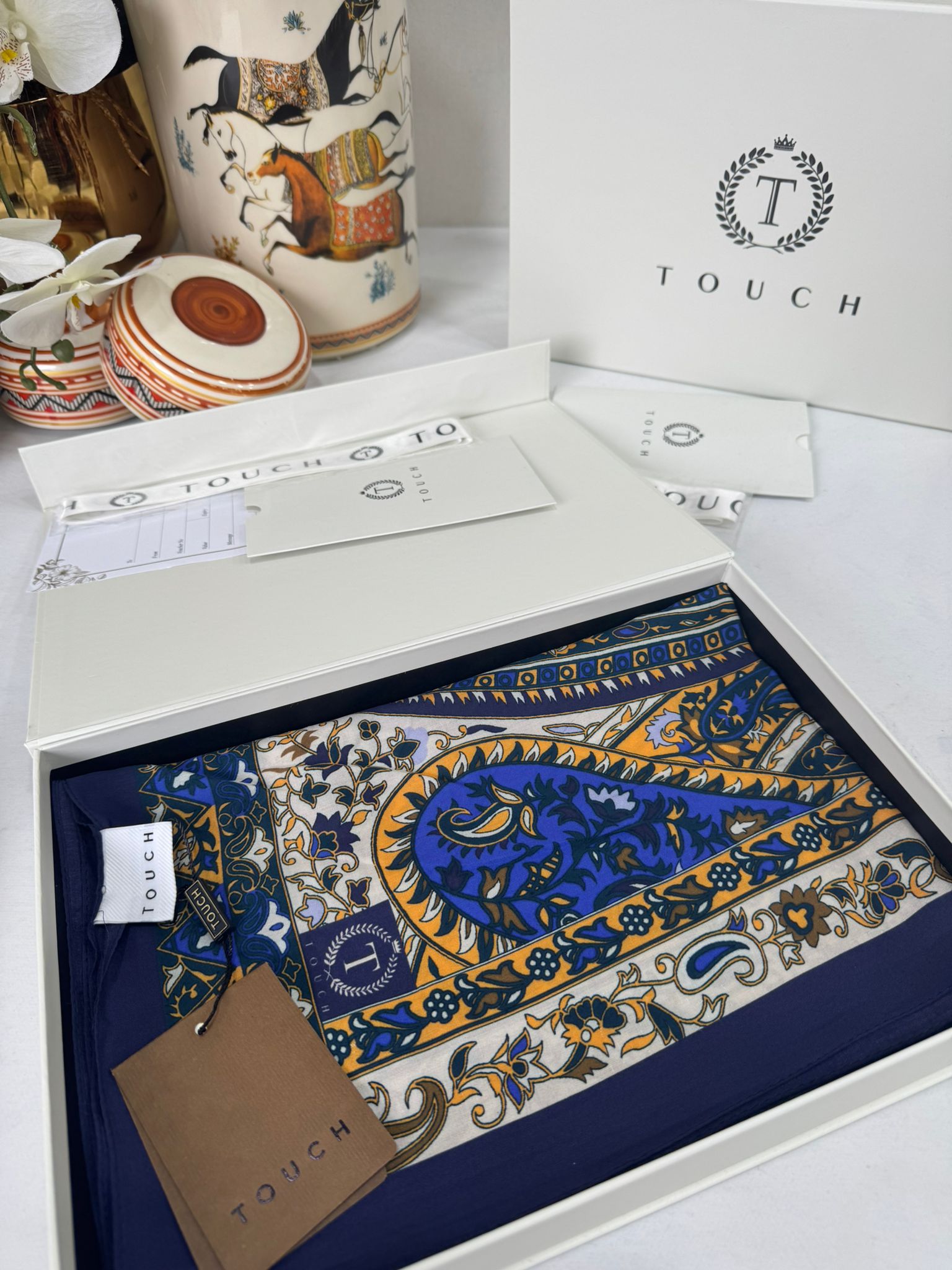 Touch İthal Etnik Desen Pamuk İpek Şal- 35440 - Lacivert Ekru