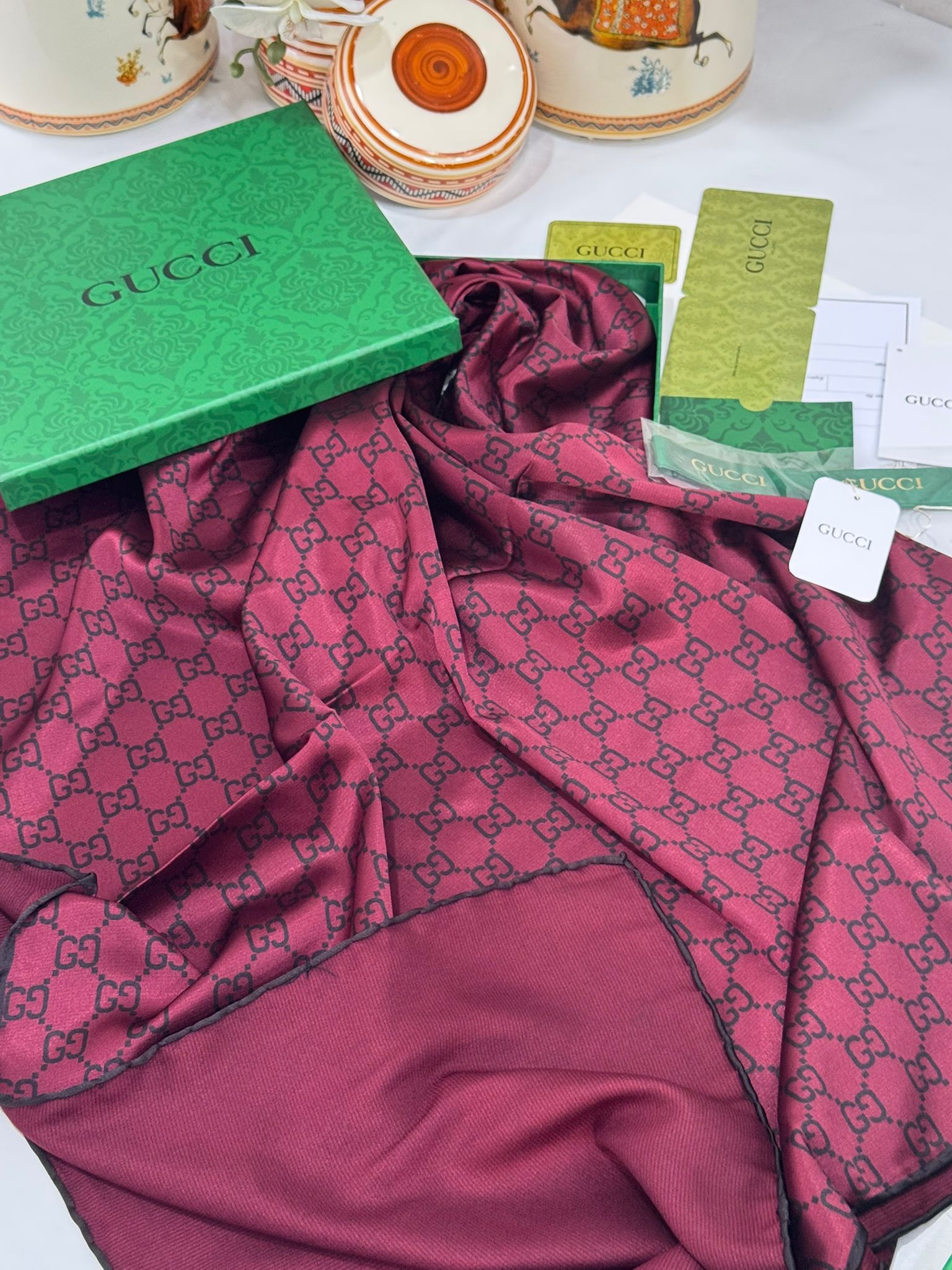 İthal Çifttaraflı Gucci İnci Vual İpek Şal-50140-Bordo - Görsel 4