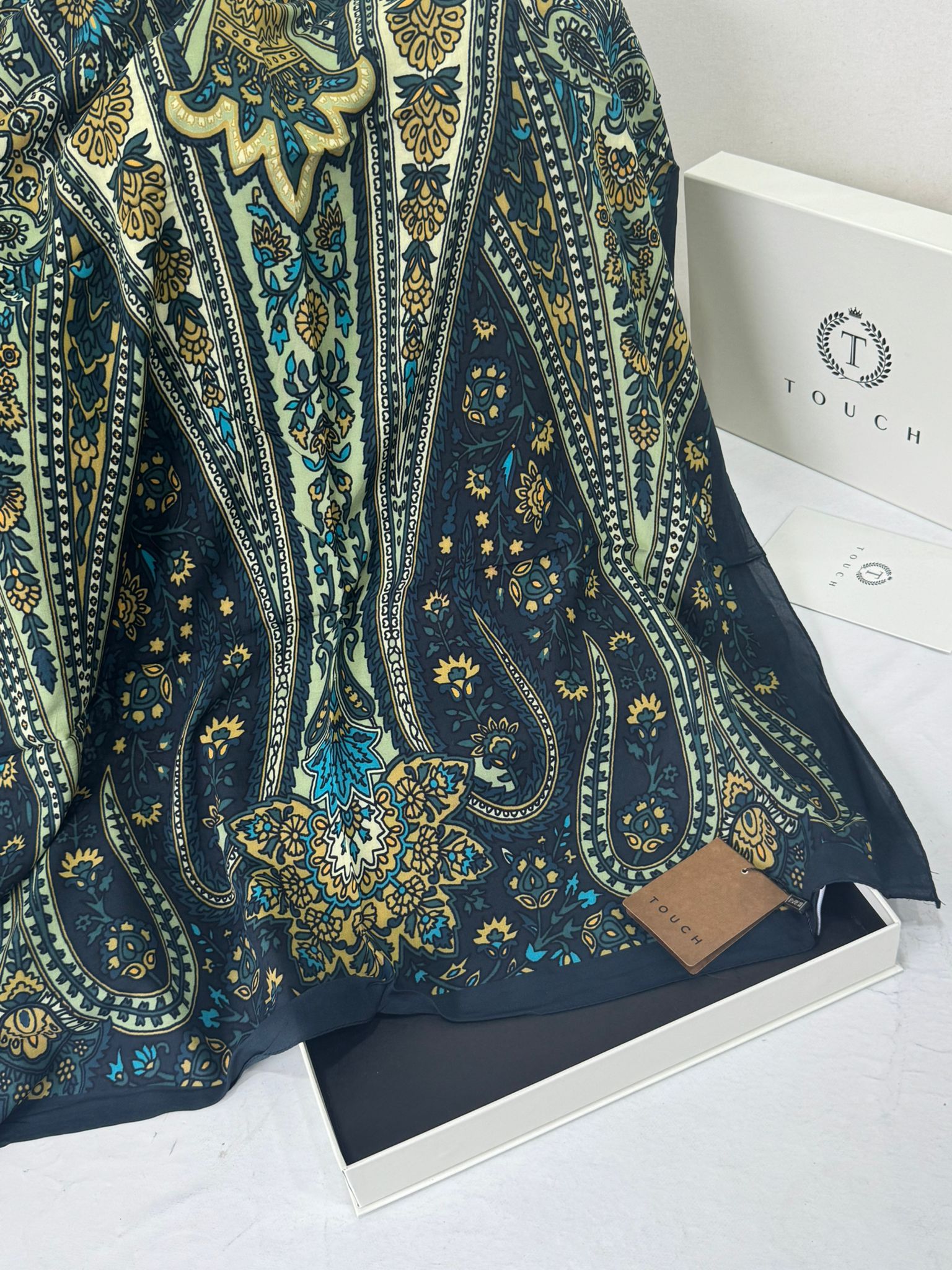 Touch İthal Etnik Desen Pamuk İpek Şal- 99880 - Koyu Yeşil - Görsel 2