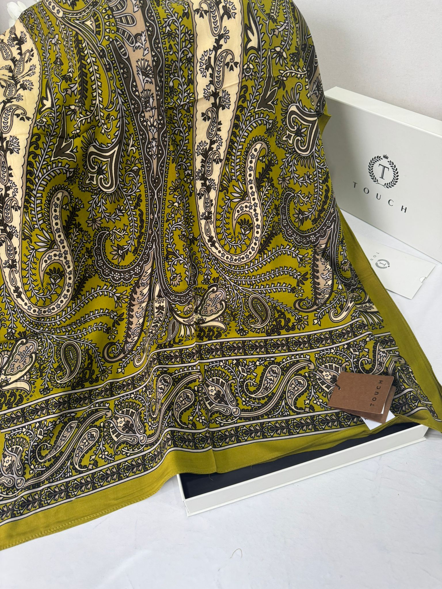 Touch İthal Etnik Desen Pamuk İpek Şal- 99770 - Fiskal Yeşil - Görsel 2