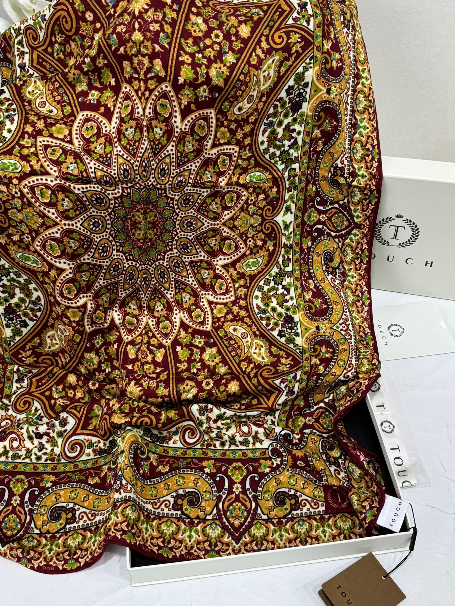 Touch İthal Etnik Desen Yün İpek Şal 34330 - Bordo Turuncu - Görsel 2