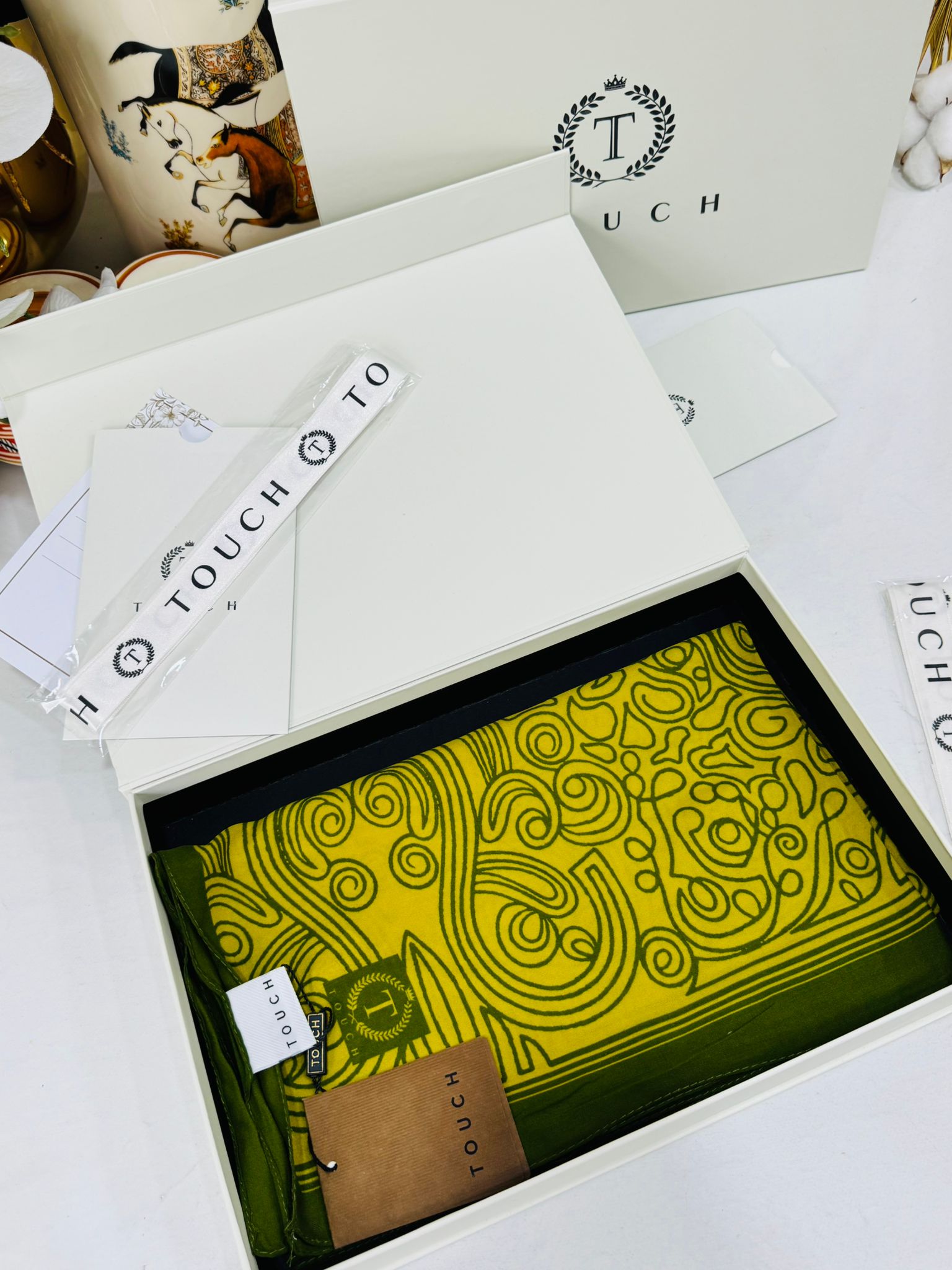 Touch İthal Etnik Desen Pamuk İpek Şal 63459- Fıstık Yeşili