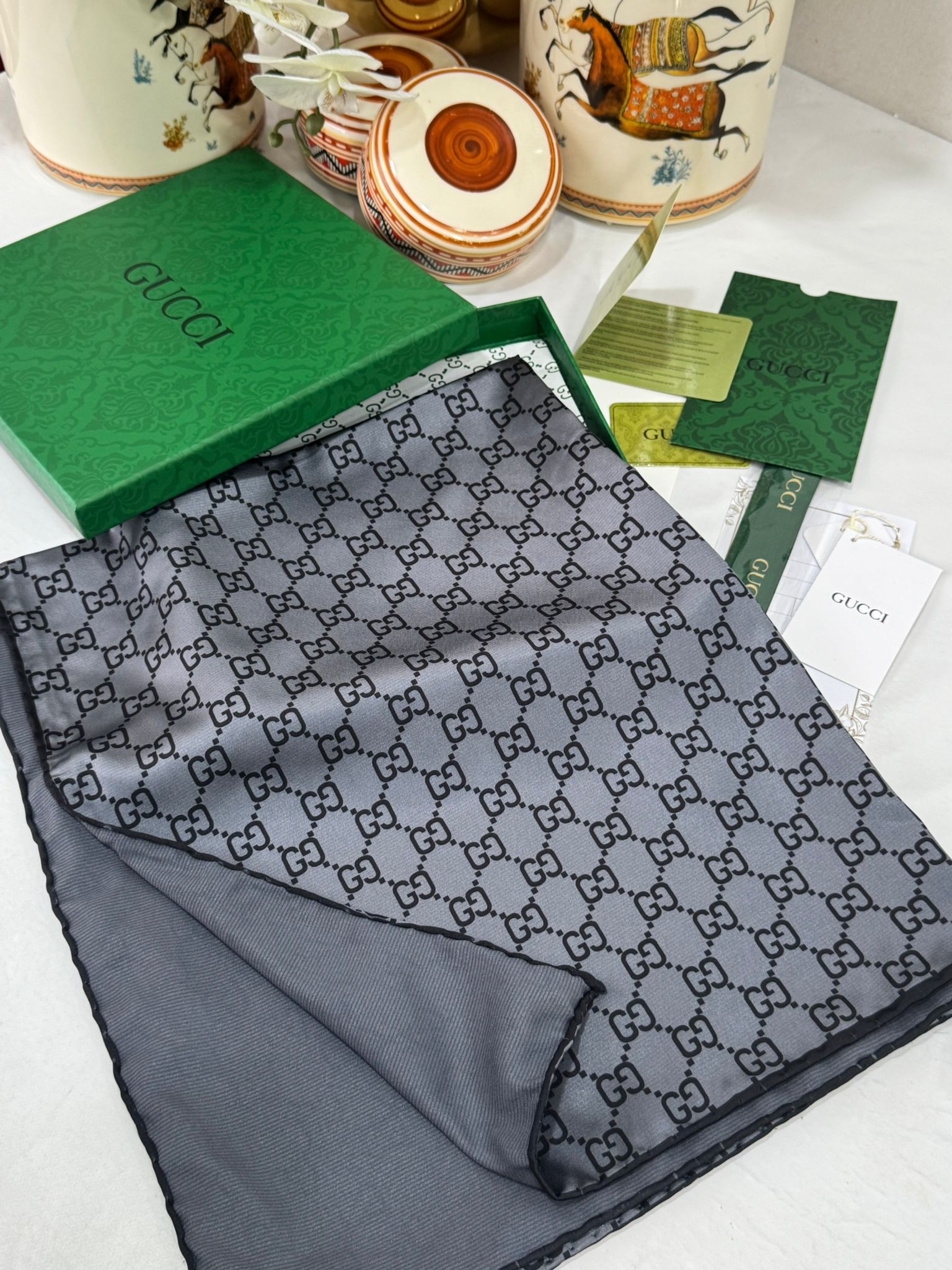 İthal Çifttaraflı Gucci İnci Vual İpek Şal-50140-Antrasit - Görsel 3