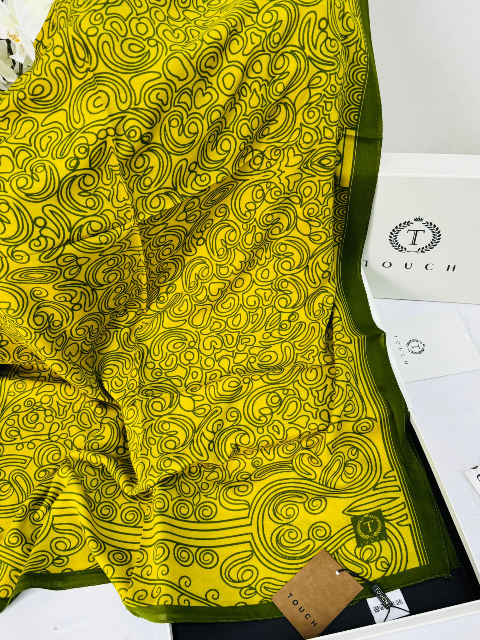 Touch İthal Etnik Desen Pamuk İpek Şal 63459- Fıstık Yeşili - Görsel 2