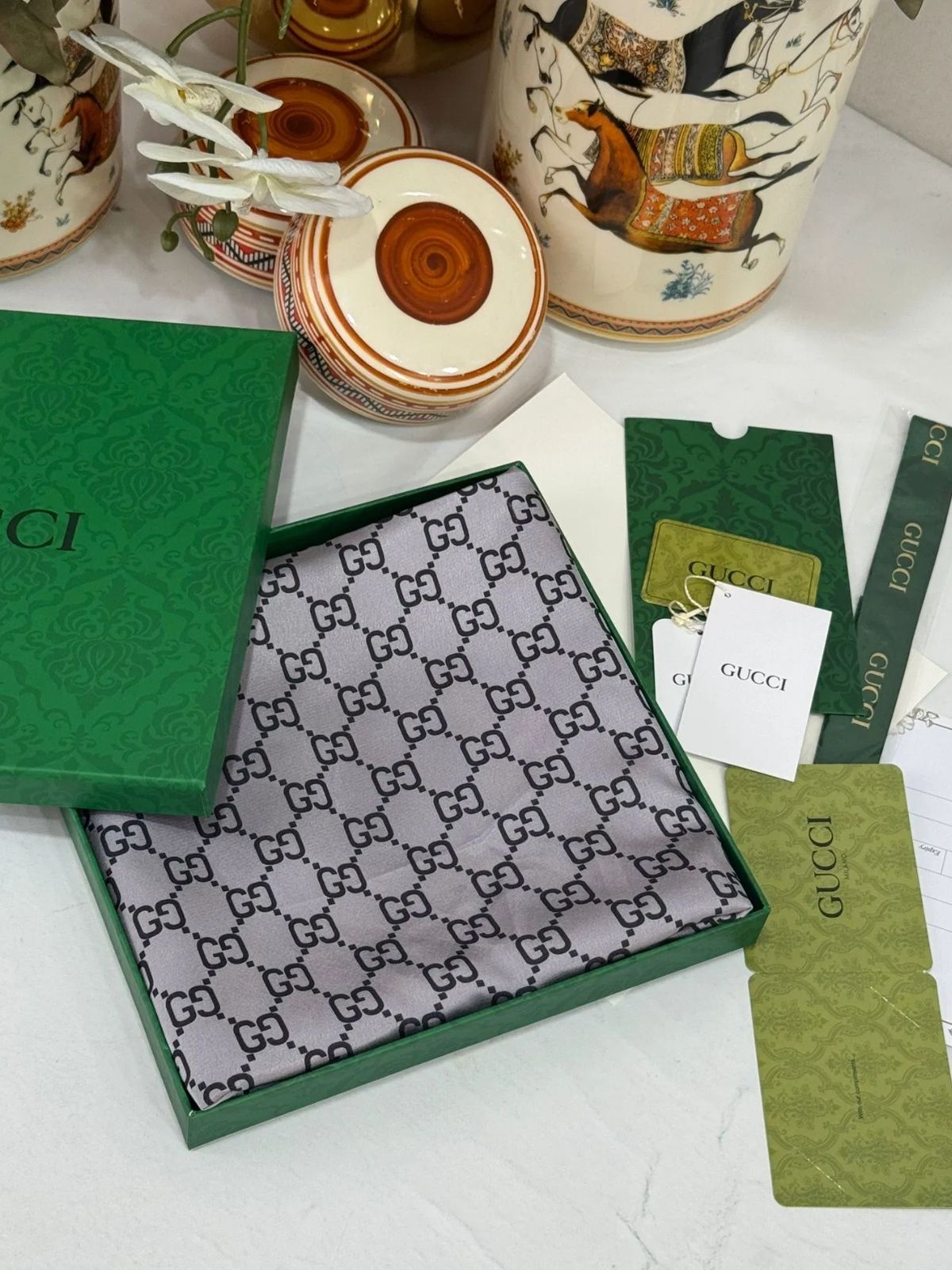 İthal Çifttaraflı Gucci İnci Vual İpek Şal-50140-Gri - Görsel 9