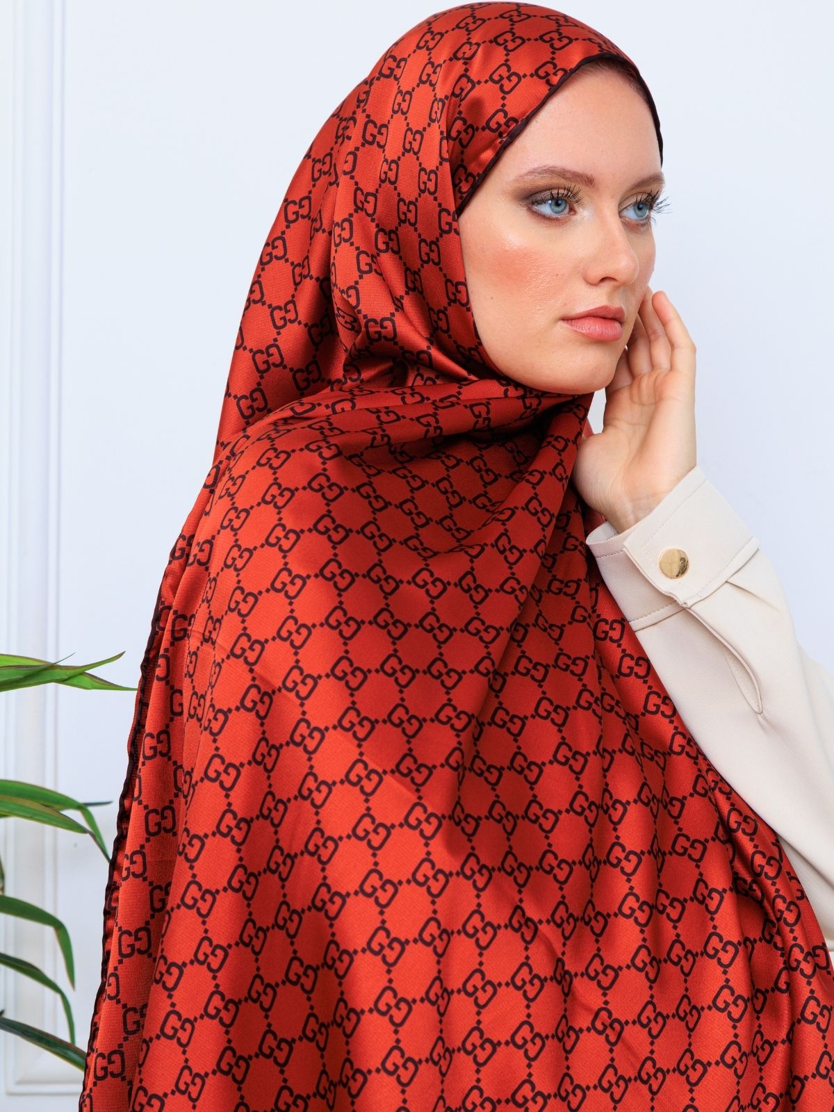 İthal Çifttaraflı Gucci İnci Vual İpek Şal-50140 - Kiremit