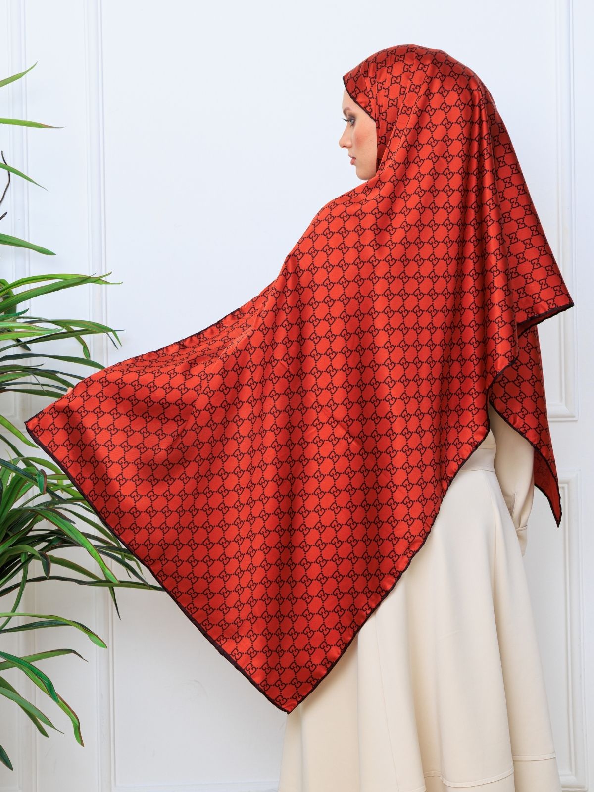 İthal Çifttaraflı Gucci İnci Vual İpek Şal-50140 - Kiremit - Görsel 6