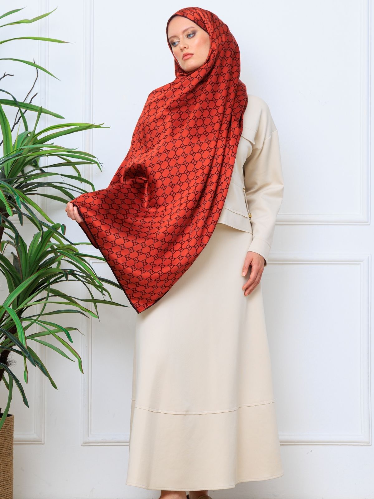 İthal Çifttaraflı Gucci İnci Vual İpek Şal-50140 - Kiremit - Görsel 4