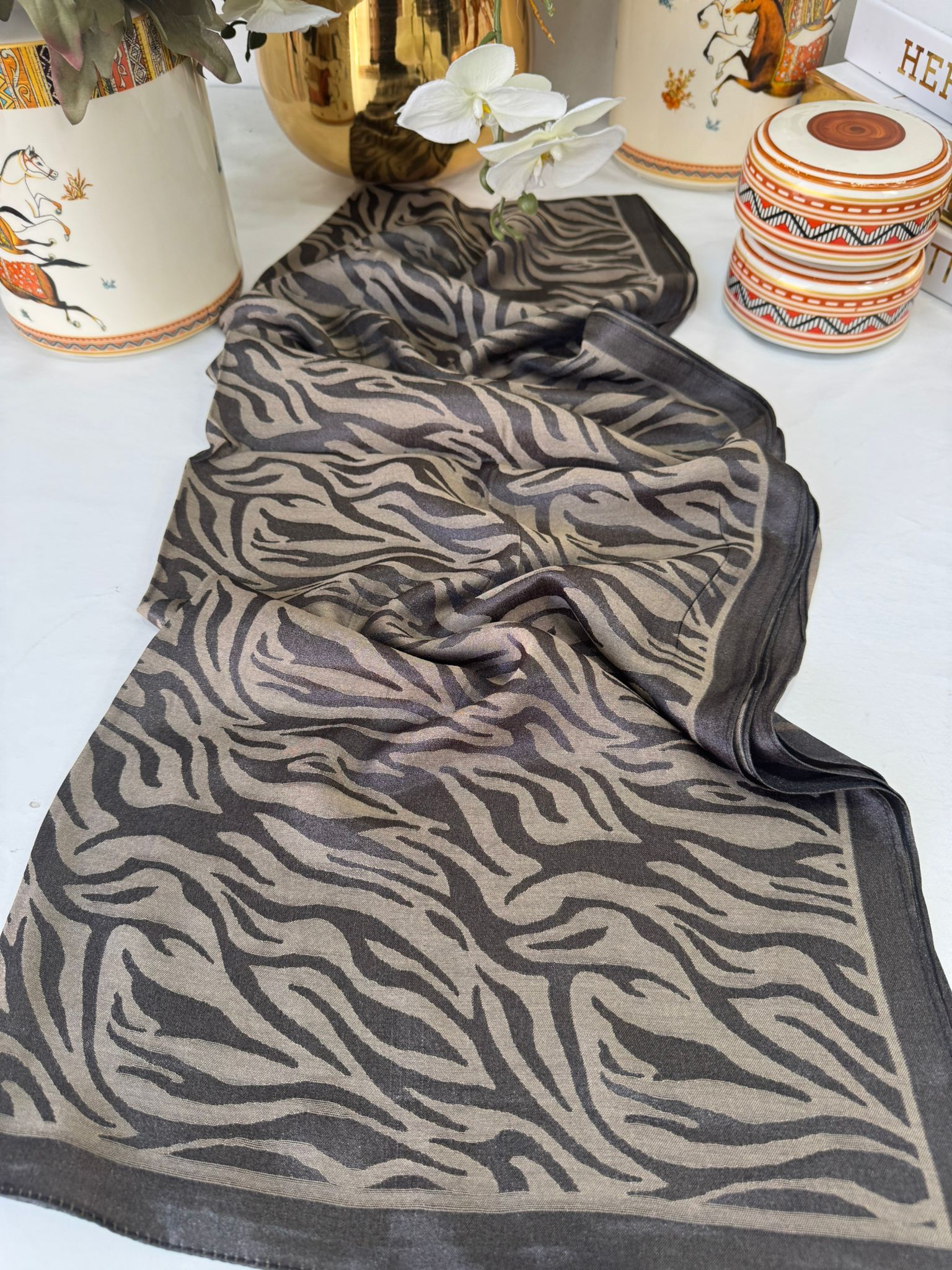 Zebra Desen Pamuk Jakar İpek Şal 23141 - Koyu Kahve-Vizon