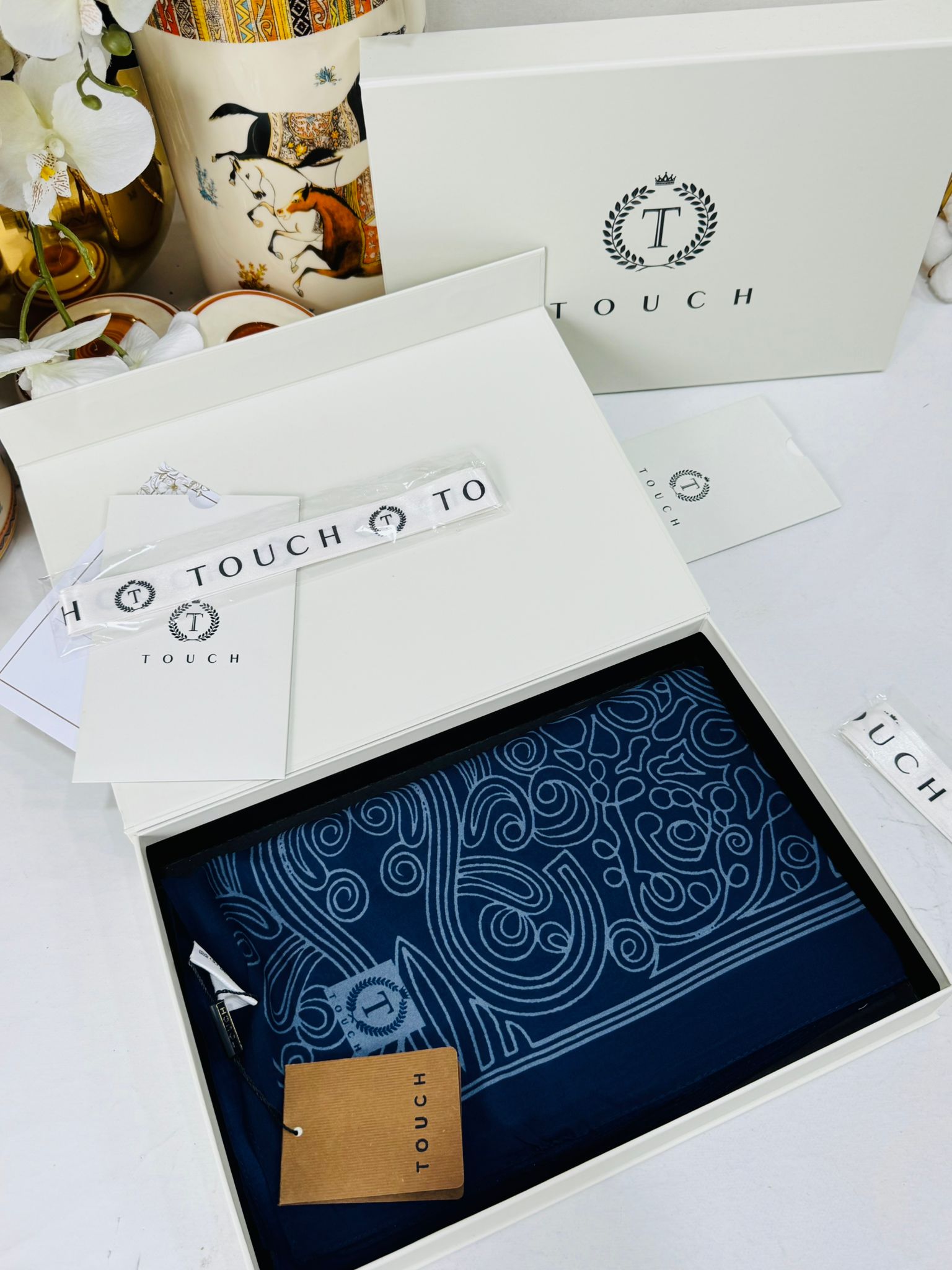 Touch İthal Etnik Desen Pamuk İpek Şal 63459- Lacivert