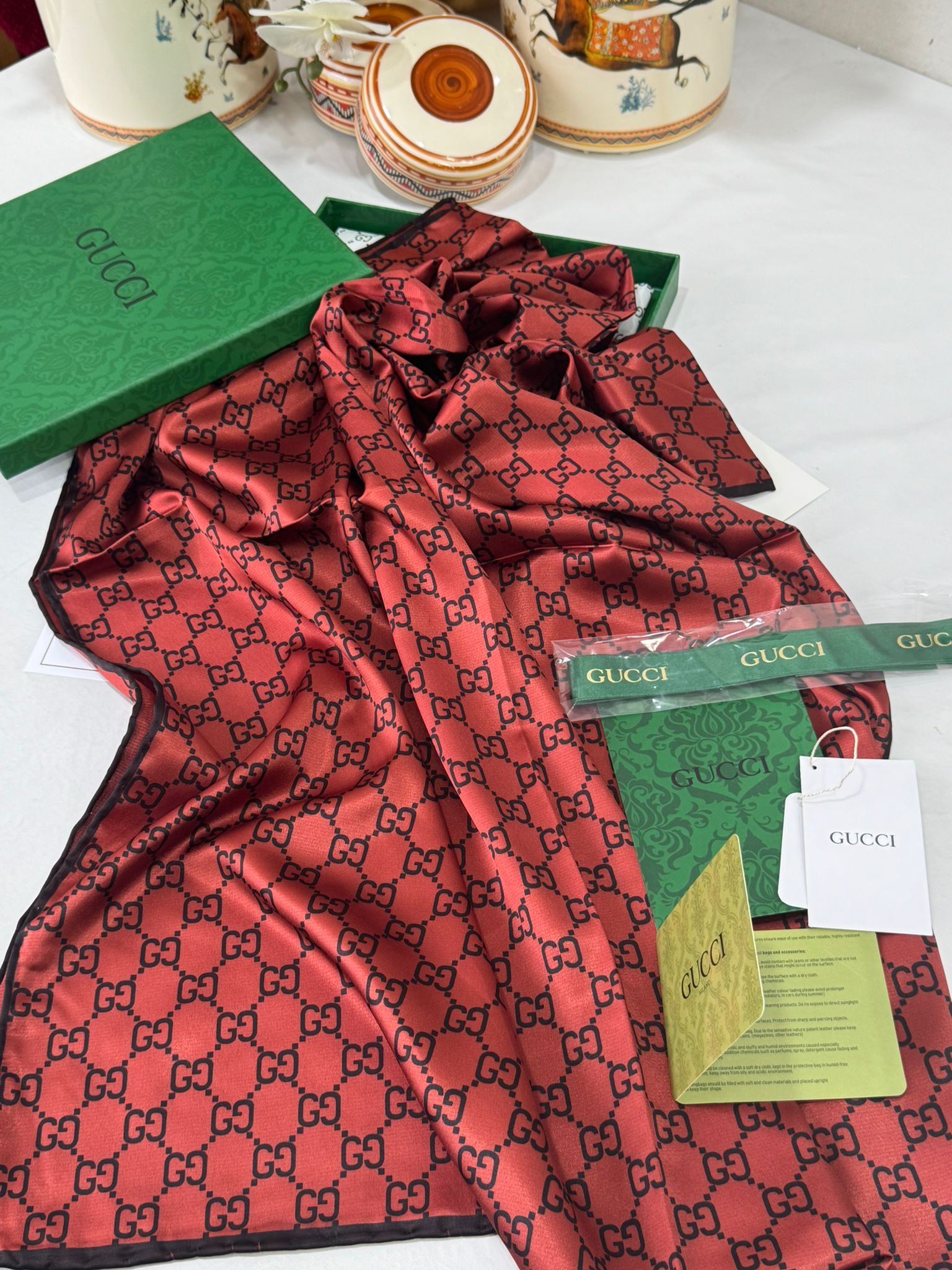 İthal Çifttaraflı Gucci İnci Vual İpek Şal-50140 - Kiremit - Görsel 8