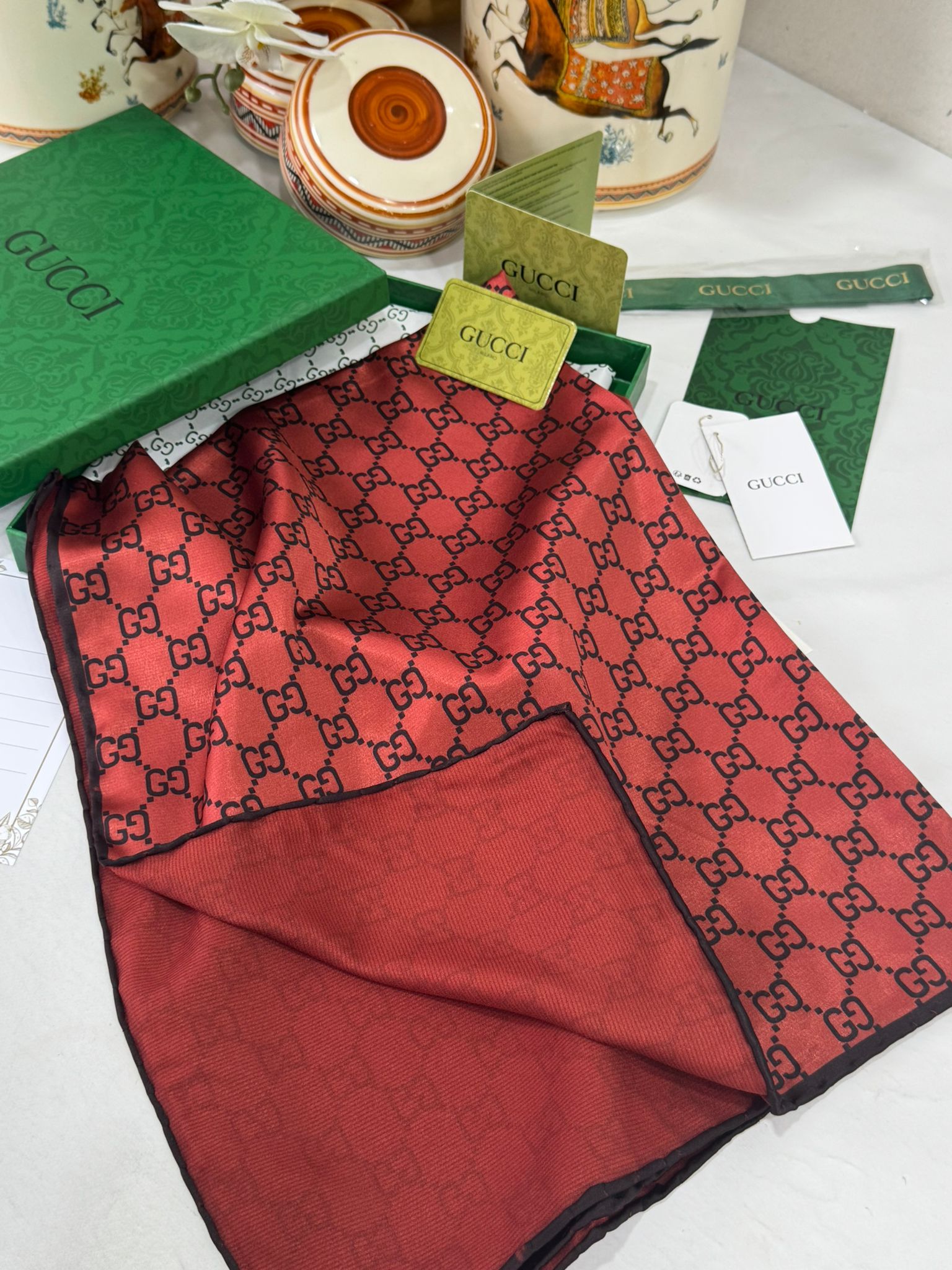 İthal Çifttaraflı Gucci İnci Vual İpek Şal-50140 - Kiremit - Görsel 9